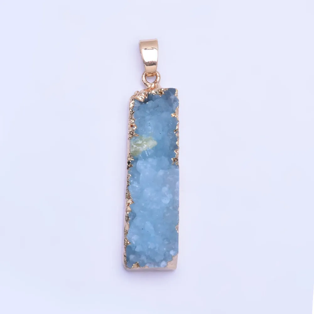 1 Blue 40*9mm  Agate Rectangle Drusy Pendant Gold Plated Jewelry Making Handmake  DIY Natural stone Healing Fashion Jewelry Charm