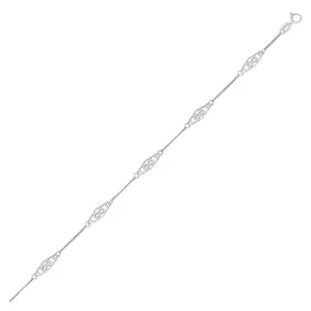 14k White Gold Anklet with Fancy Diamond Shape Filigree Stations