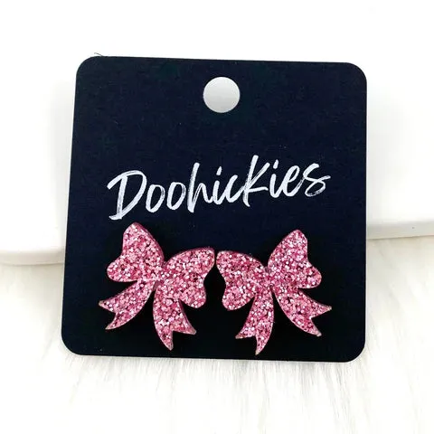 18mm Glitzy Bow Studs - Pink Glitter