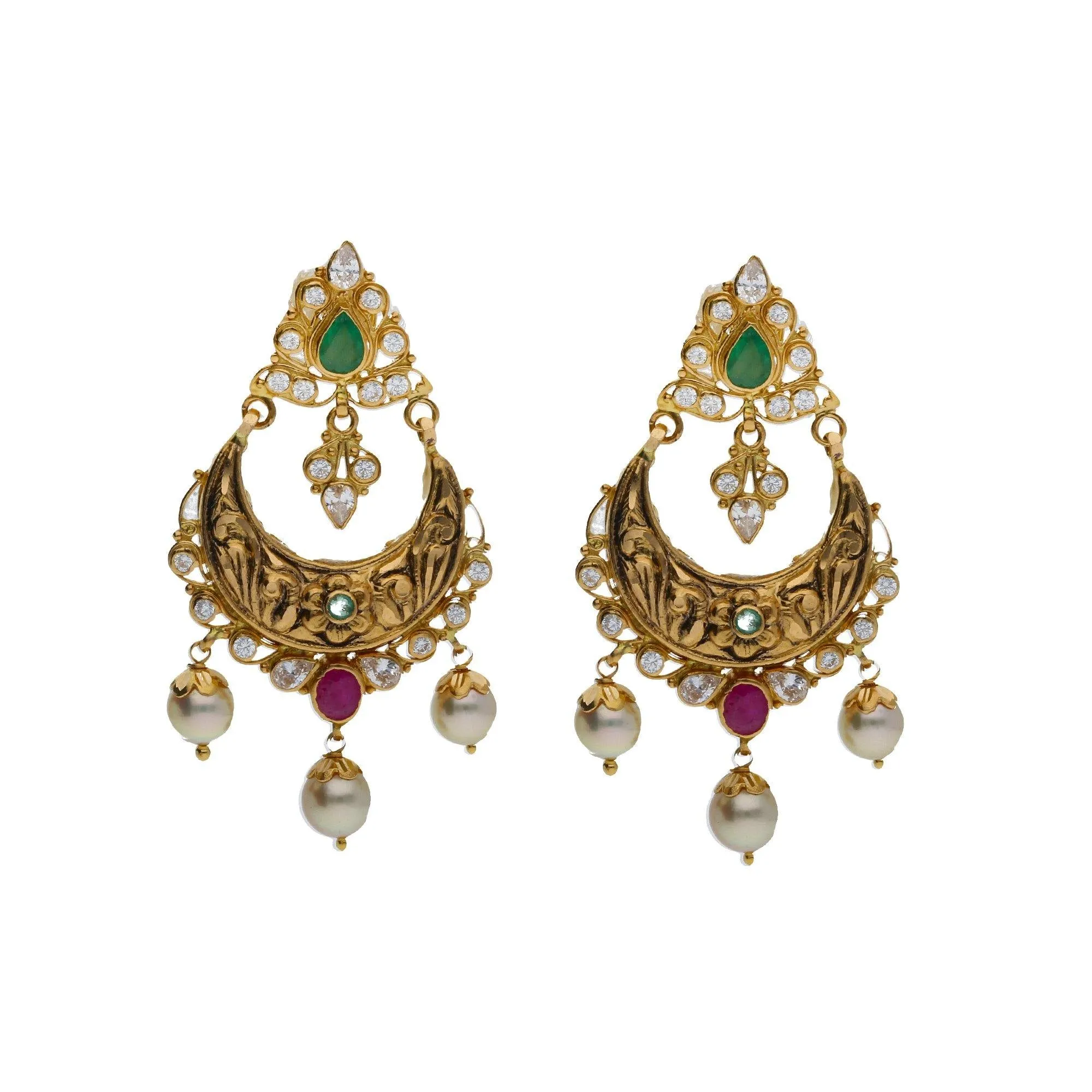 22K Yellow Antique Gold 2-in-1 Choker/Vanki & Chandbali Earrings Set W/ Emerald, Ruby, CZ, Pearls & Paisley Flower Design