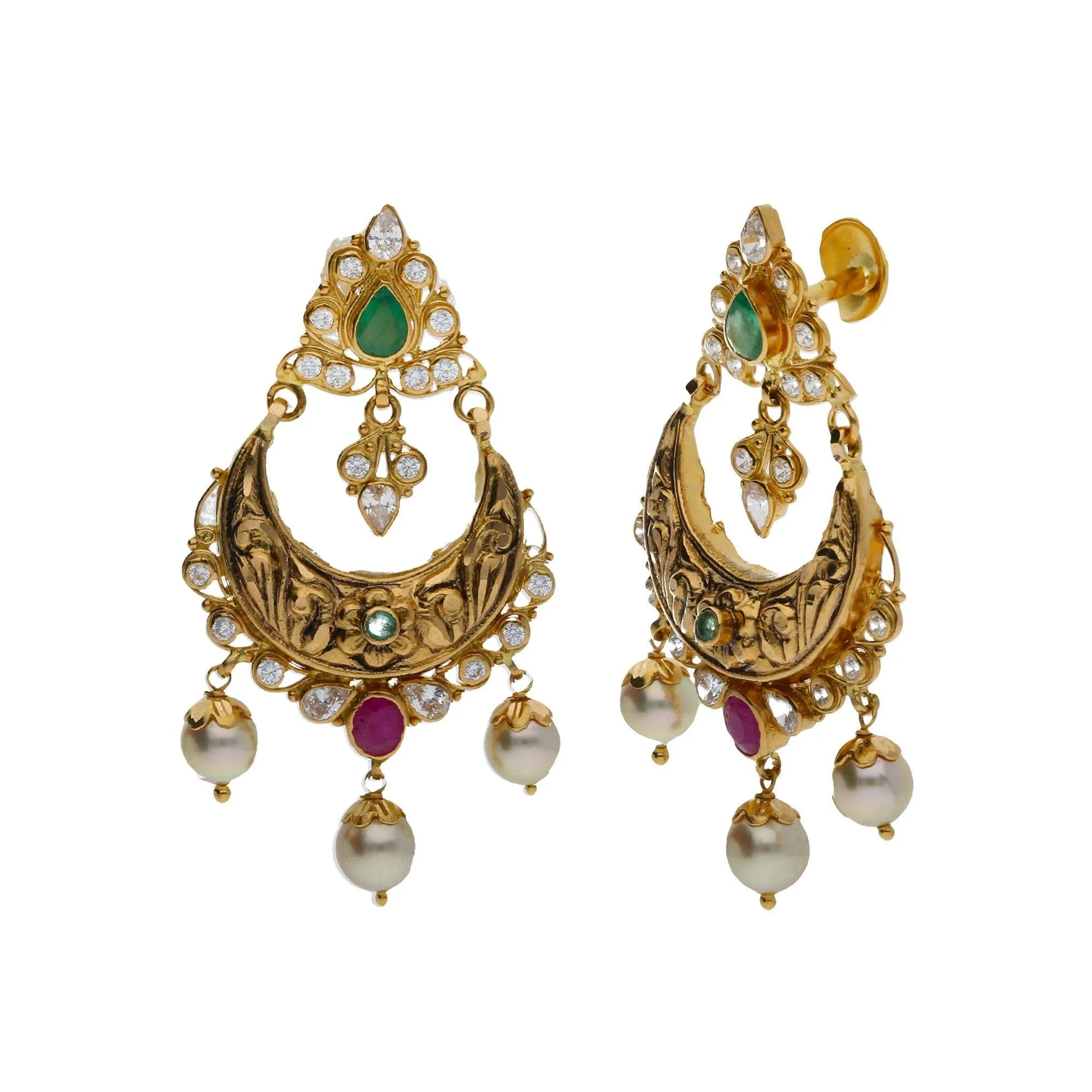 22K Yellow Antique Gold 2-in-1 Choker/Vanki & Chandbali Earrings Set W/ Emerald, Ruby, CZ, Pearls & Paisley Flower Design