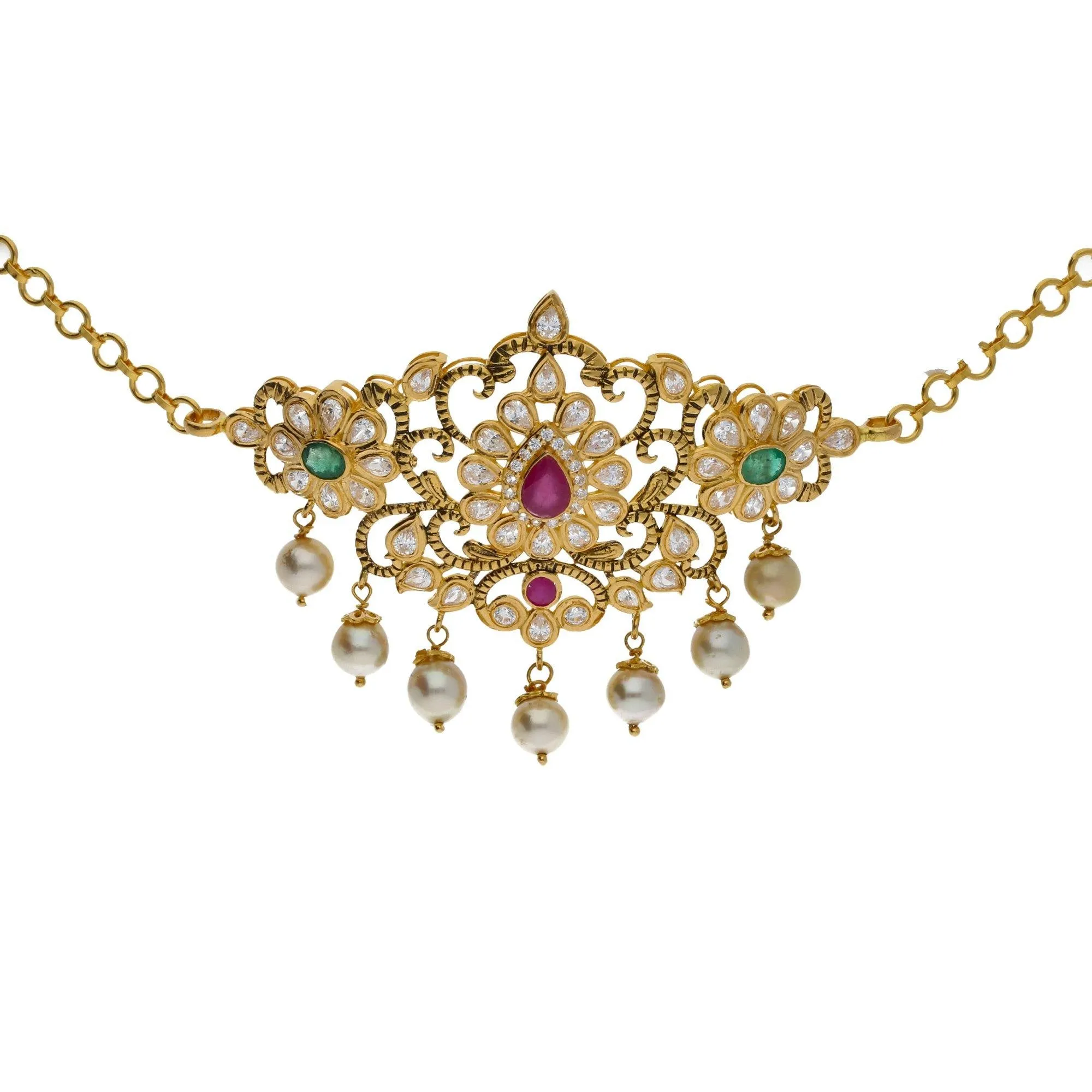 22K Yellow Antique Gold 2-in-1 Choker/Vanki & Chandbali Earrings Set W/ Emerald, Ruby, CZ, Pearls & Paisley Flower Design