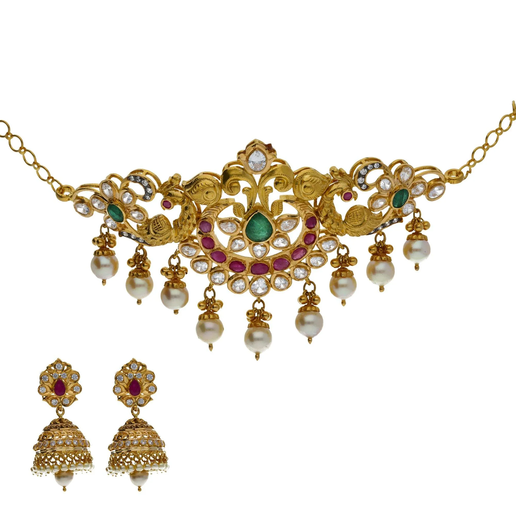 22K Yellow Antique Gold 2-in-1 Choker/Vanki & Jhumki Earrings Set W/ Kundan, Emerald, Pearls & Crescent Accents