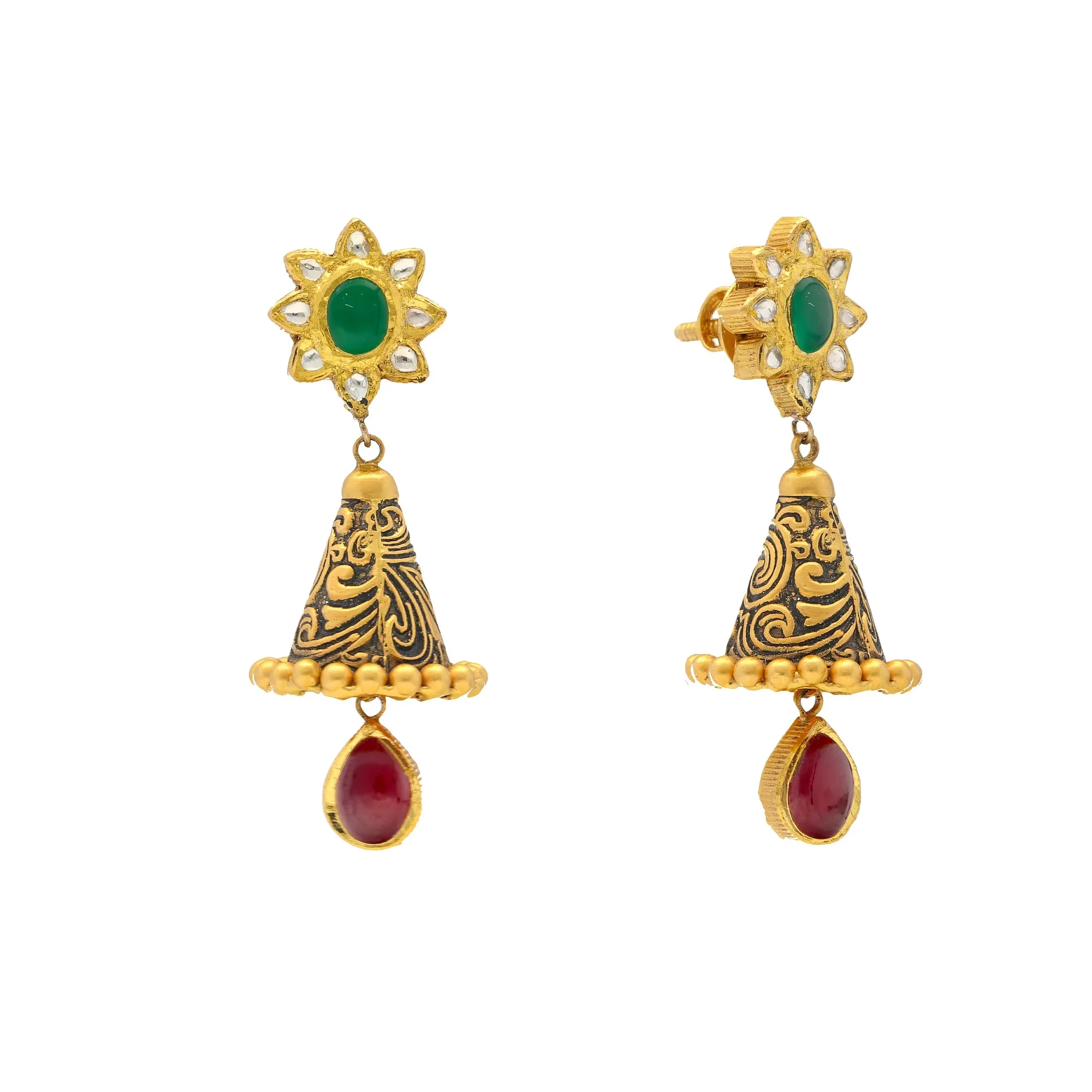 22K Yellow Gold Antique Jhumka Earrings w/ Emeralds & Rubies (17.3gm)