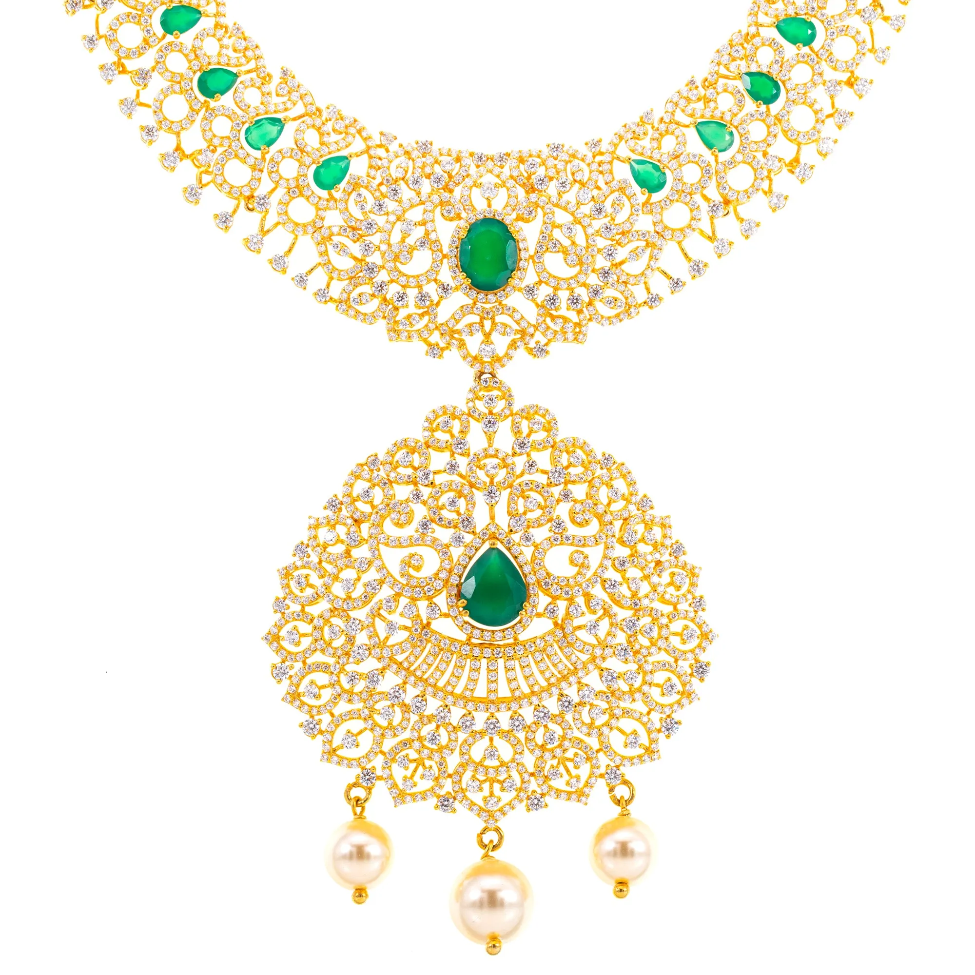 22K Yellow Gold, Emerald, Pearl & CZ Necklace (117.5gm)