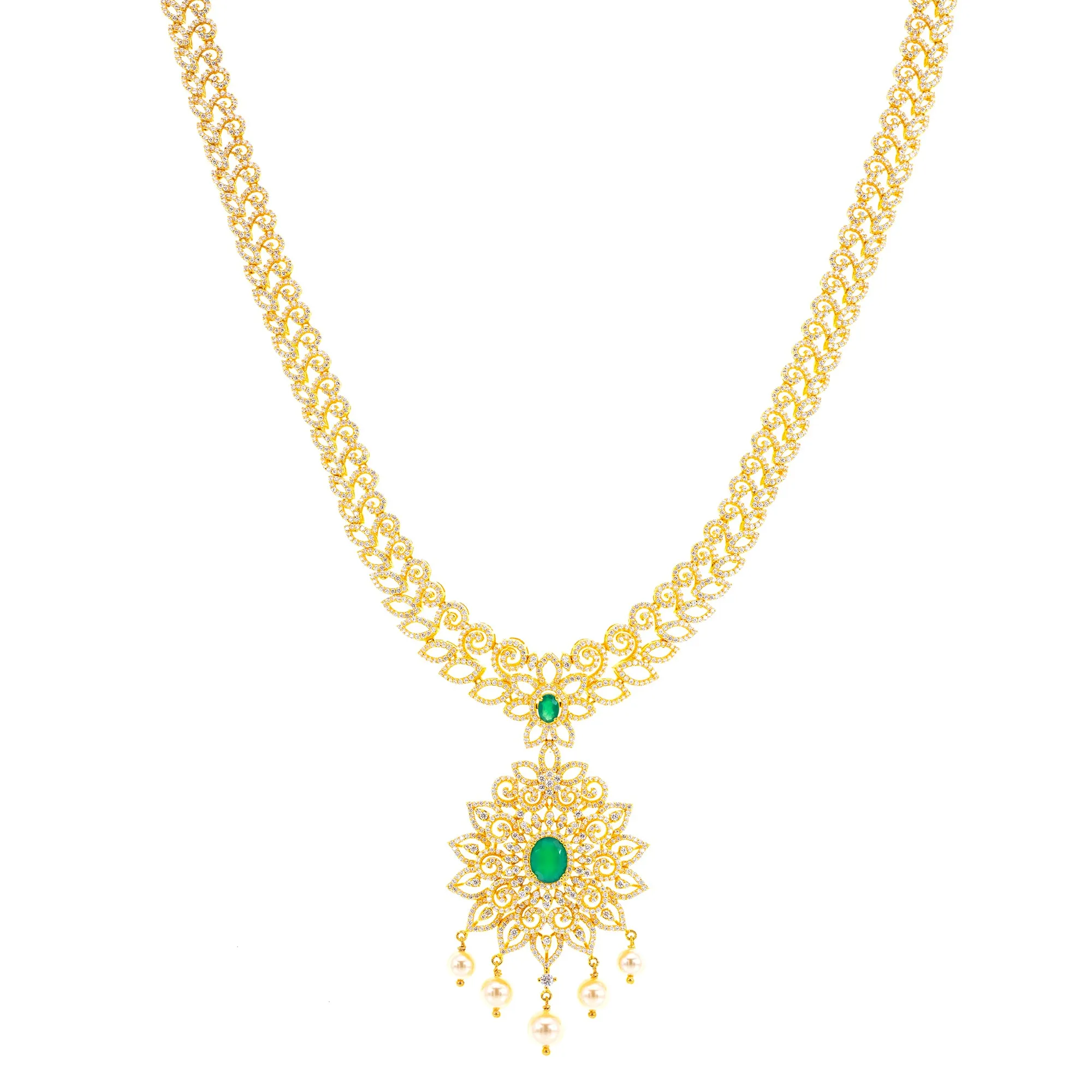 22K Yellow Gold, Emerald, Pearl & CZ Necklace (119.8gm)