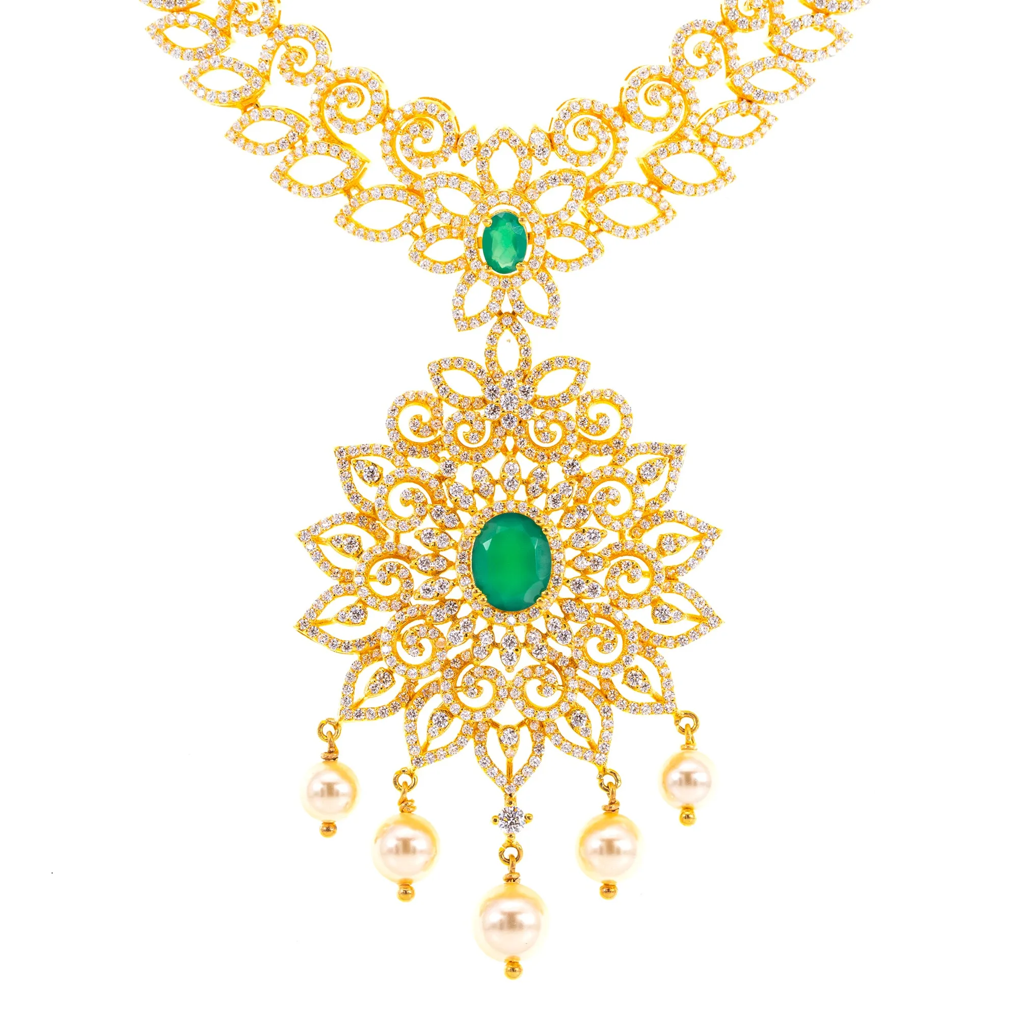 22K Yellow Gold, Emerald, Pearl & CZ Necklace (119.8gm)