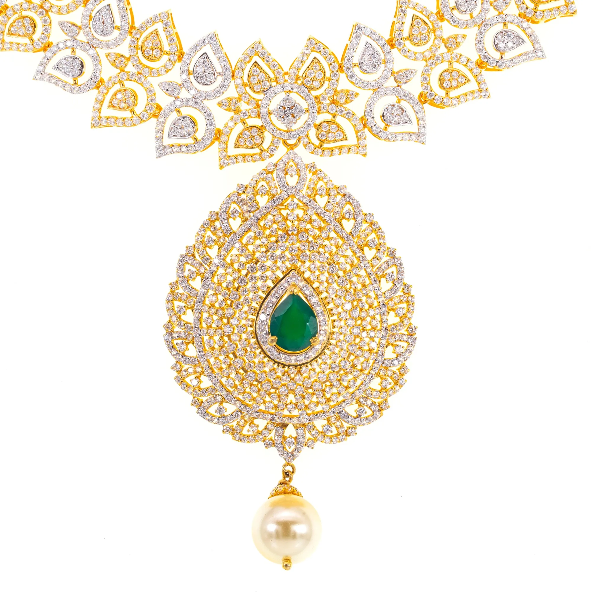 22K Yellow Gold, Emerald, Pearl & CZ Necklace (78.3gm)