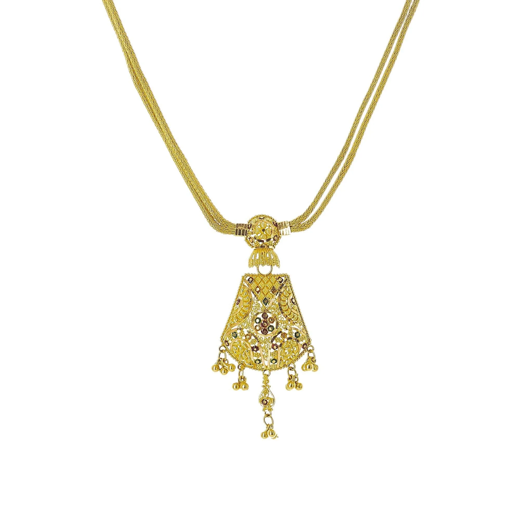 22K Yellow Gold Meenakari Necklace Set W/ Wheat Chains & Abstract Pendants