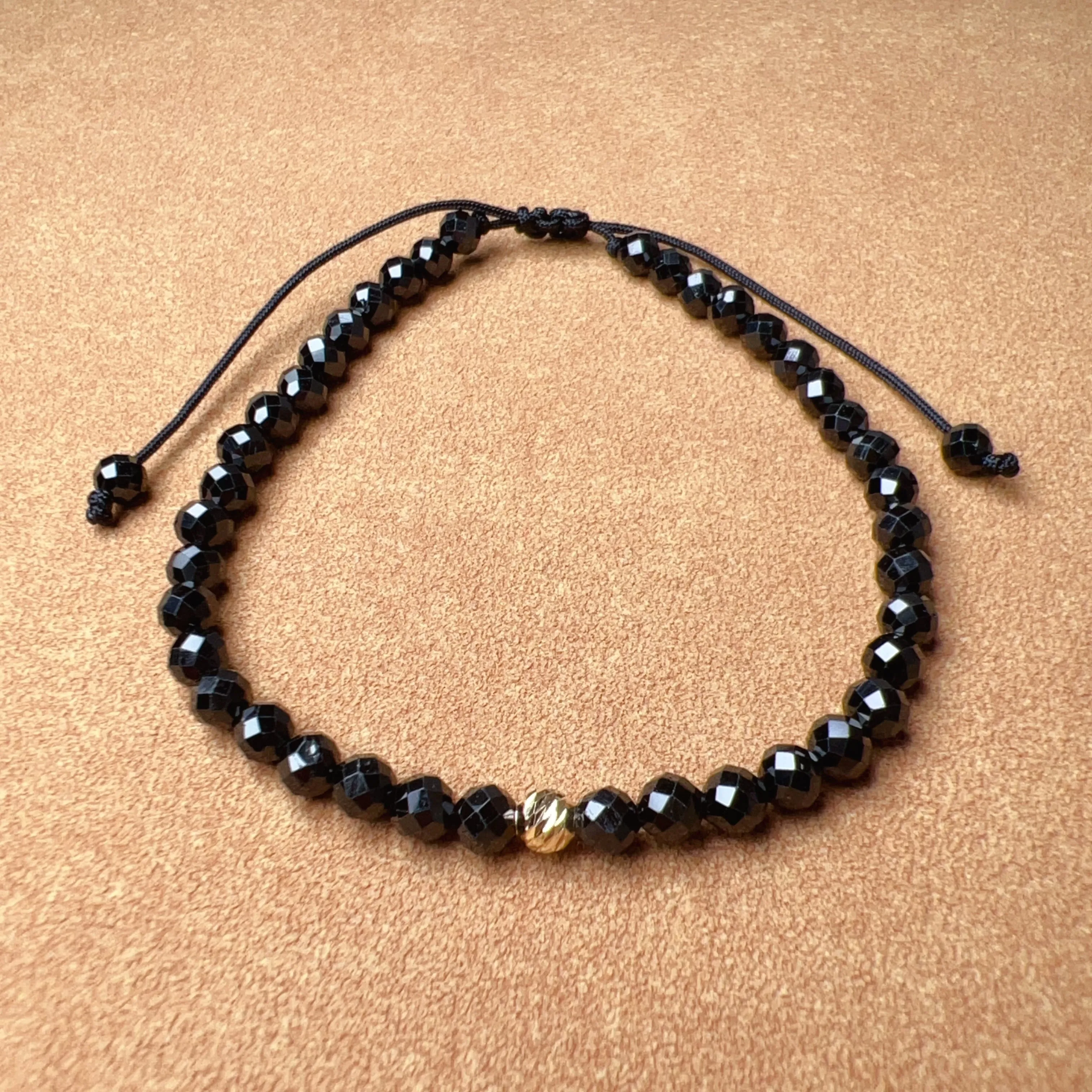 4mm Top Grade Faceted Black Tourmaline Drawstring Bracelet with 18K Yellow Gold Bead | Handmade Healing Fashion Jewelry