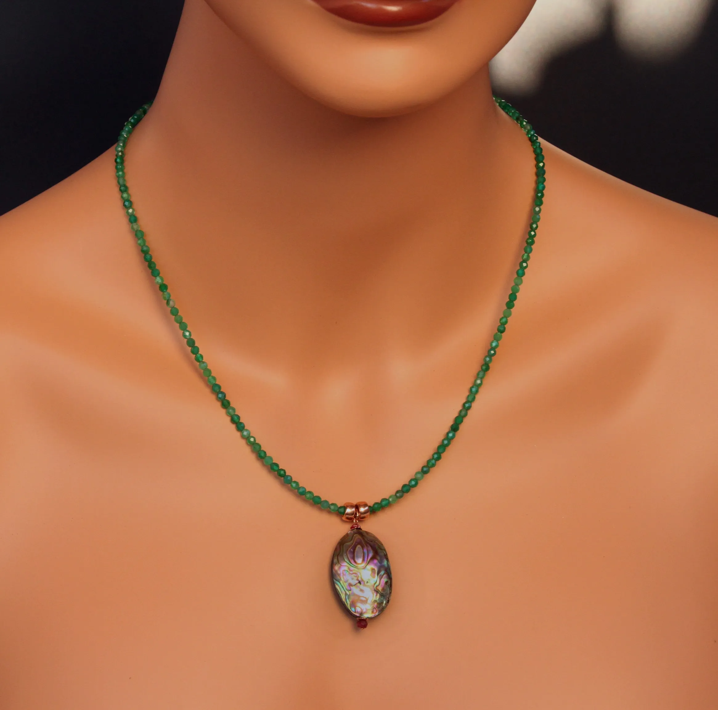 Abalone shell Pendant with Ruby gemstones on Green Onyx Necklace