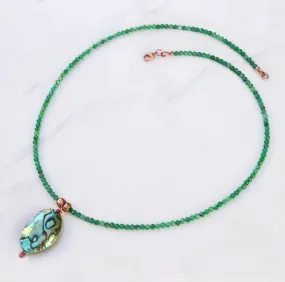 Abalone shell Pendant with Ruby gemstones on Green Onyx Necklace