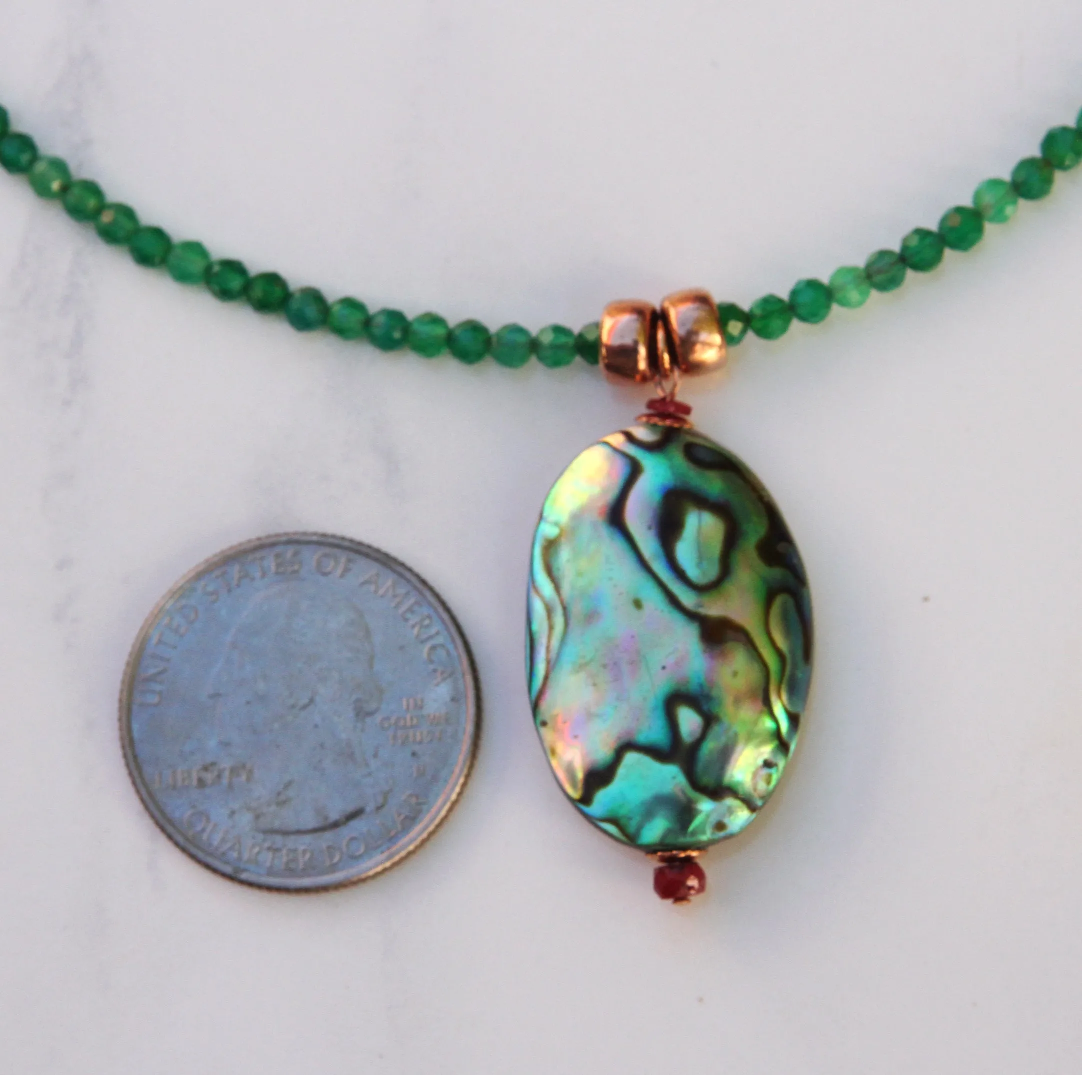 Abalone shell Pendant with Ruby gemstones on Green Onyx Necklace