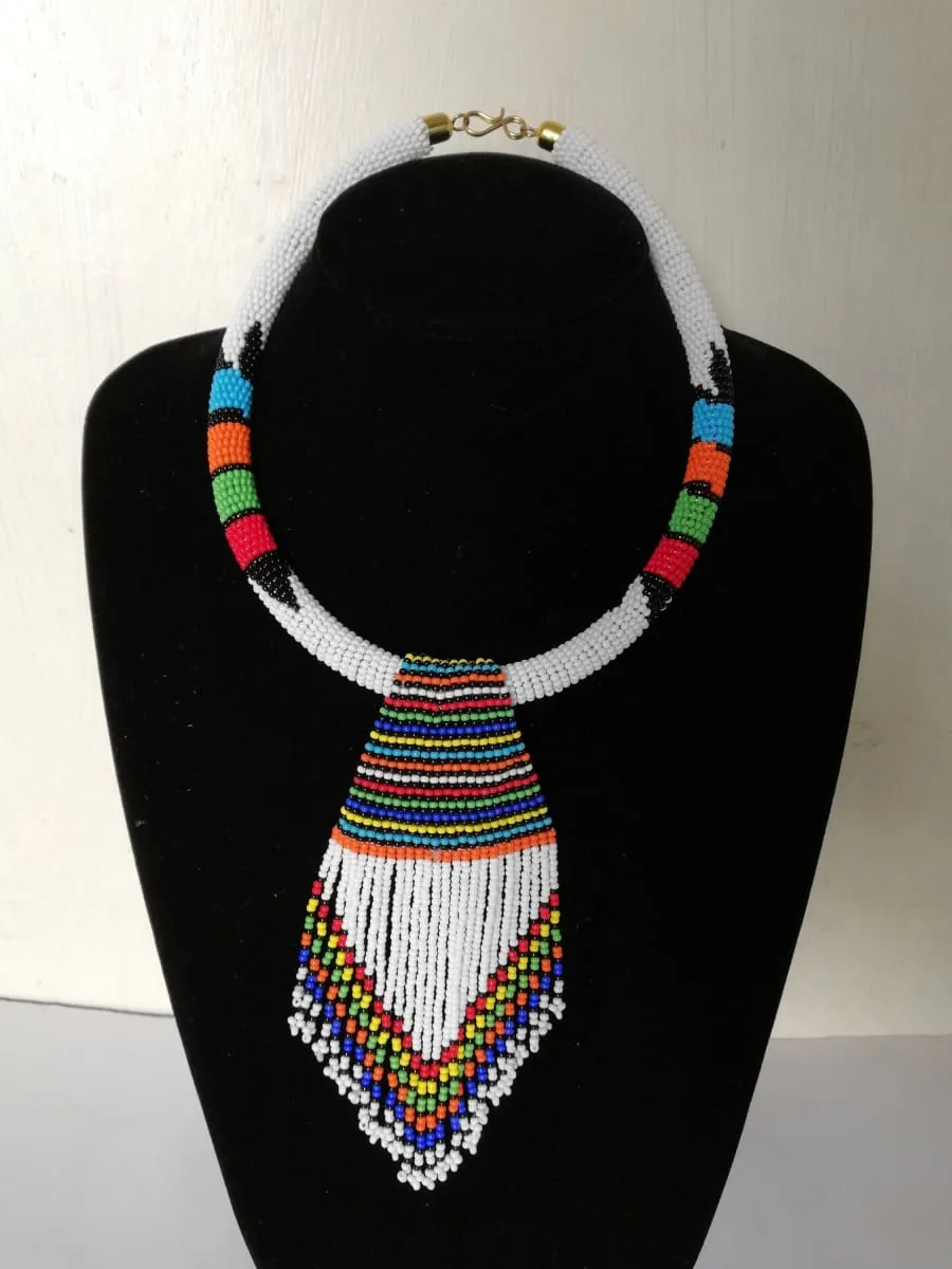 African beaded fringe necklace, White beaded necklace, Tribal Zulu necklace, Maasai jewelry