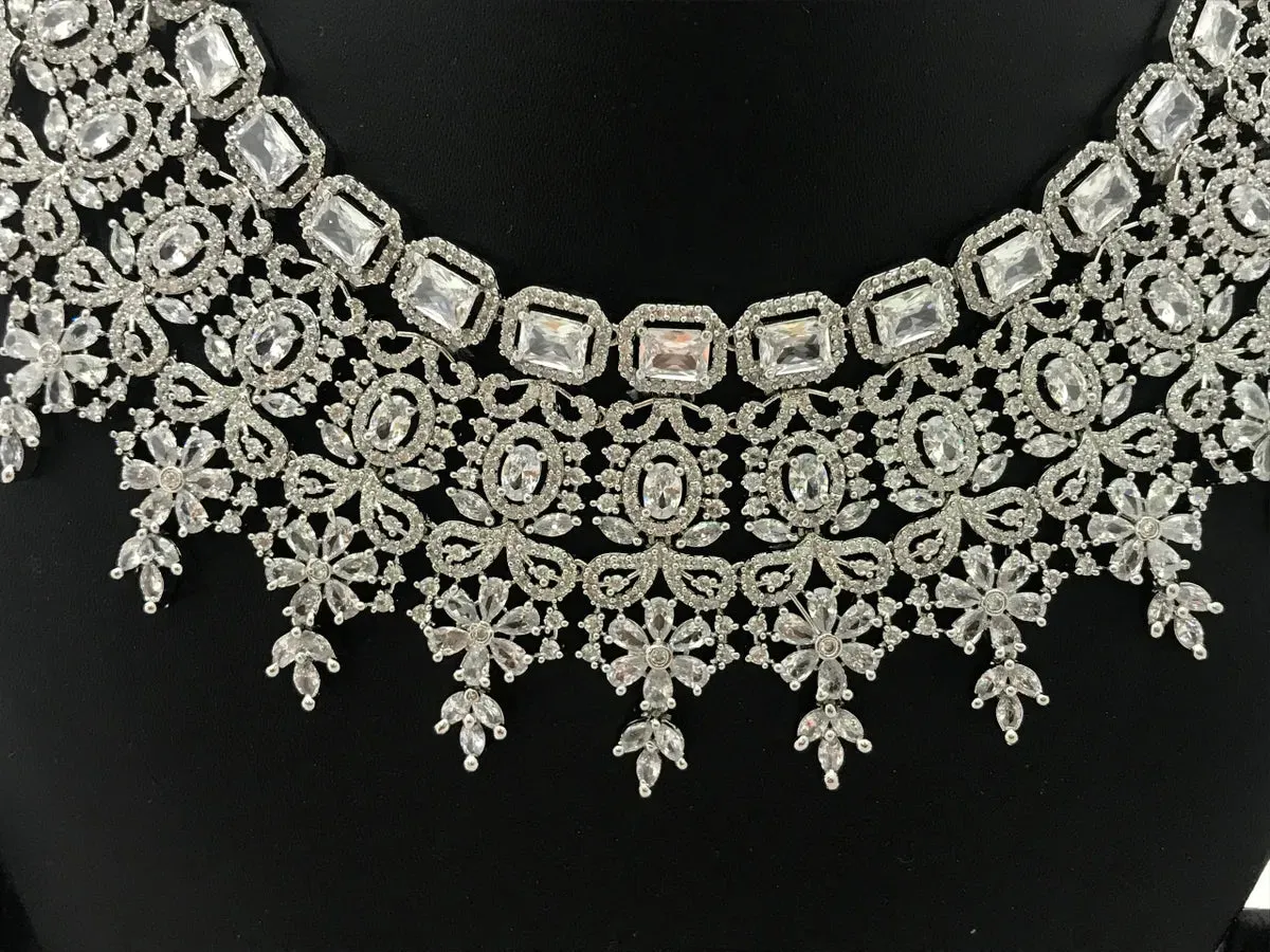 American Diamond Cluster White Elegant Bridal Necklace With Earrings