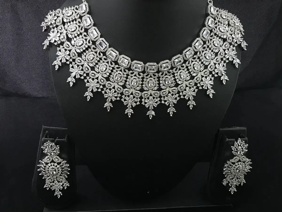 American Diamond Cluster White Elegant Bridal Necklace With Earrings