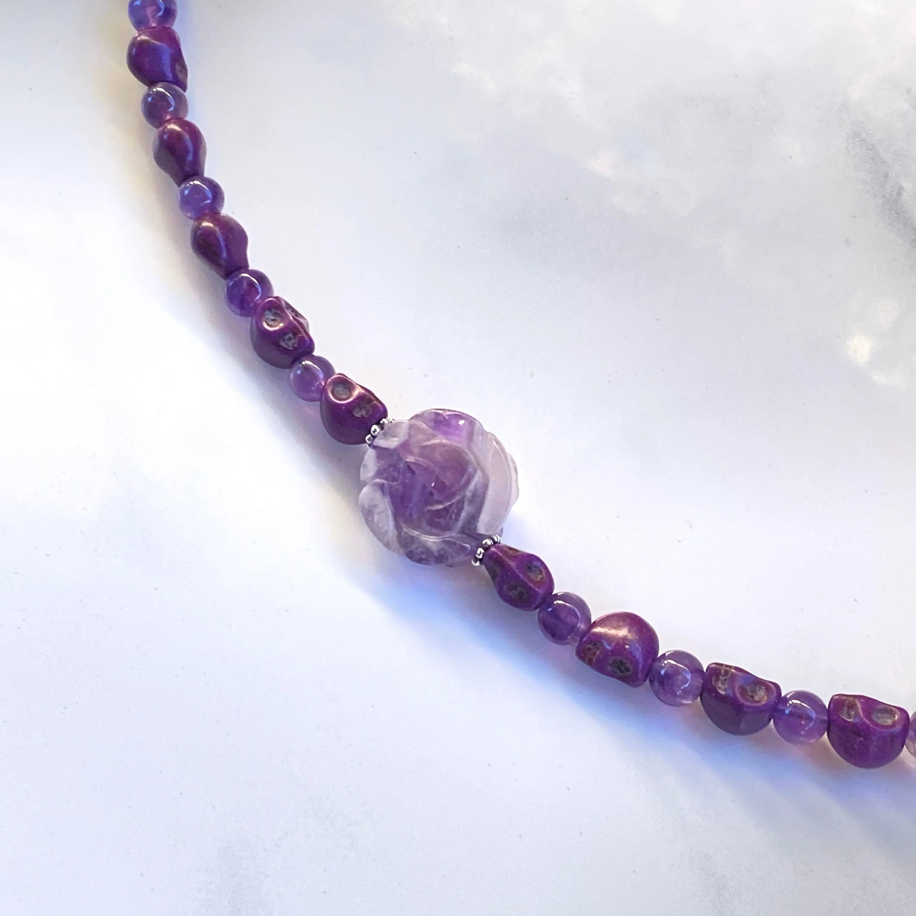 Amethyst gemstone and Howlite Skull Necklace