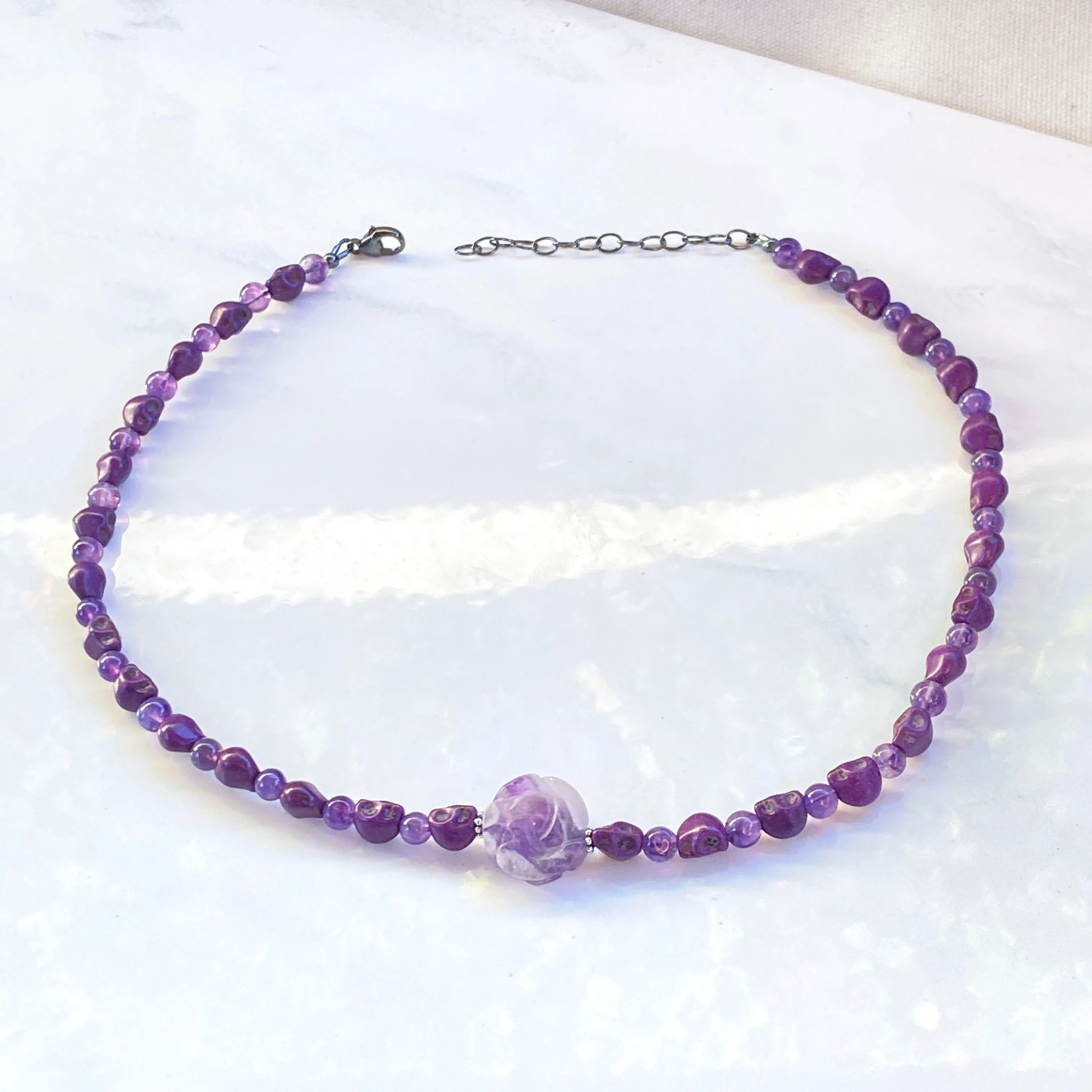 Amethyst gemstone and Howlite Skull Necklace