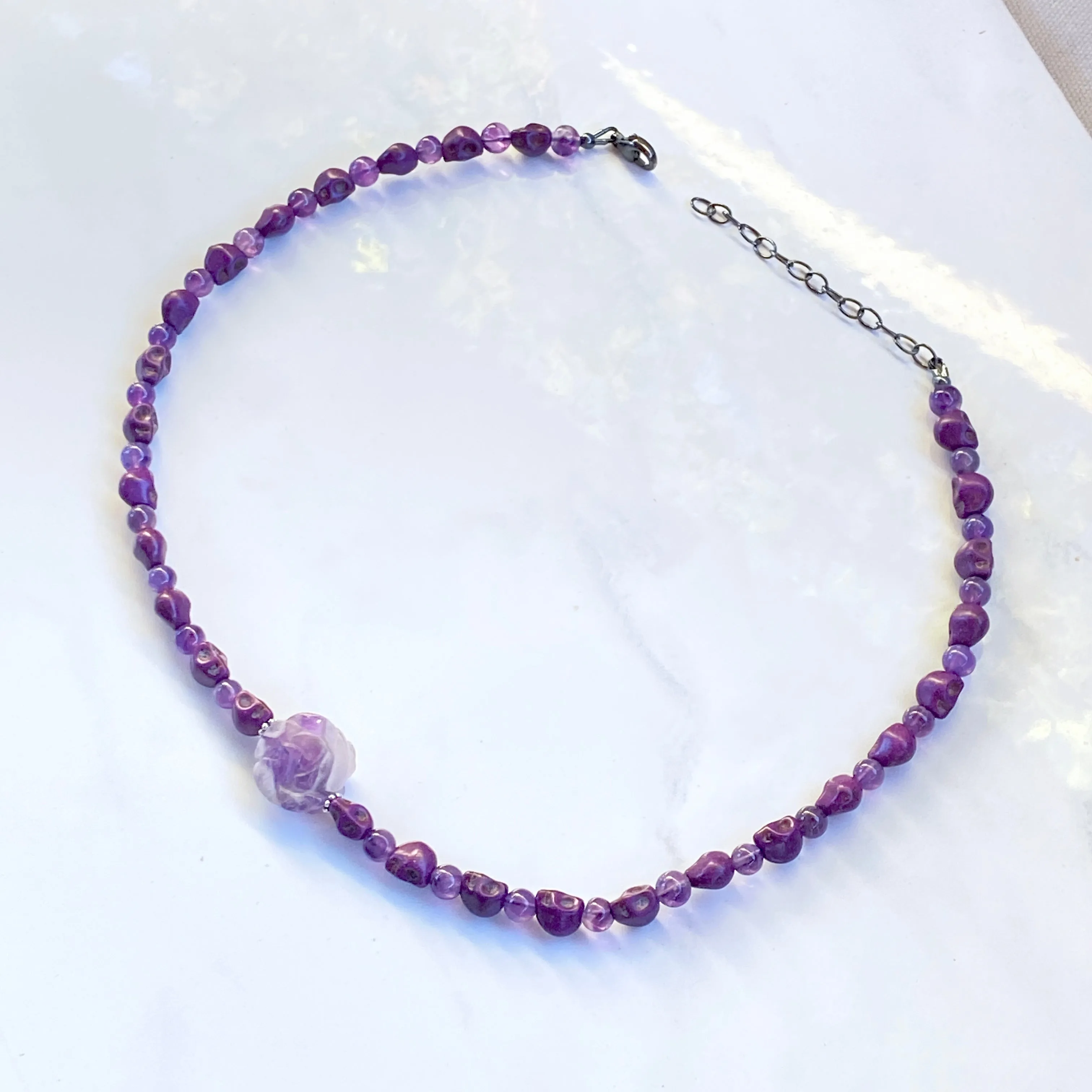 Amethyst gemstone and Howlite Skull Necklace