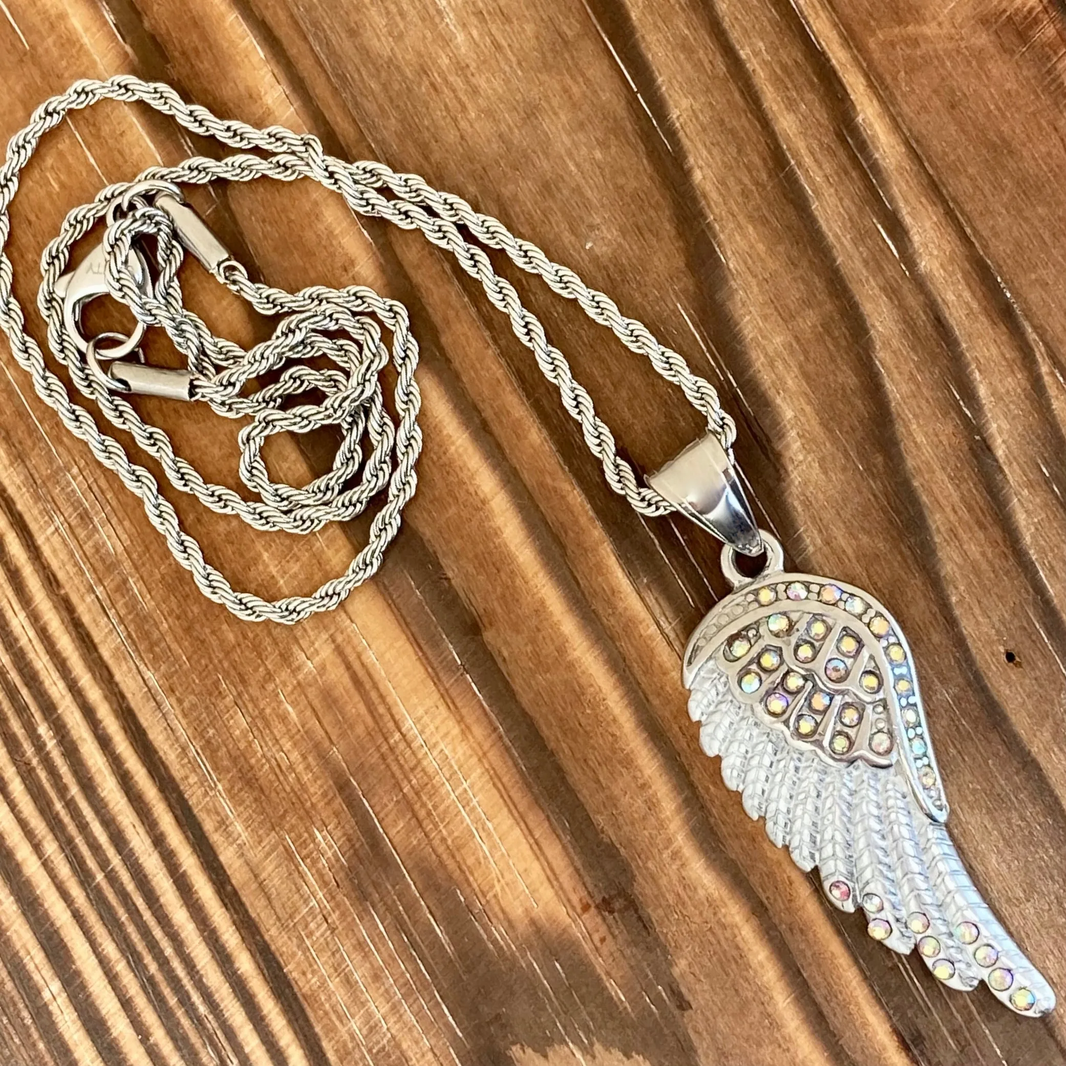 Angel Wings Crystal Pendant - Rope Necklace or Omega - Rainbow Stones - SK2254