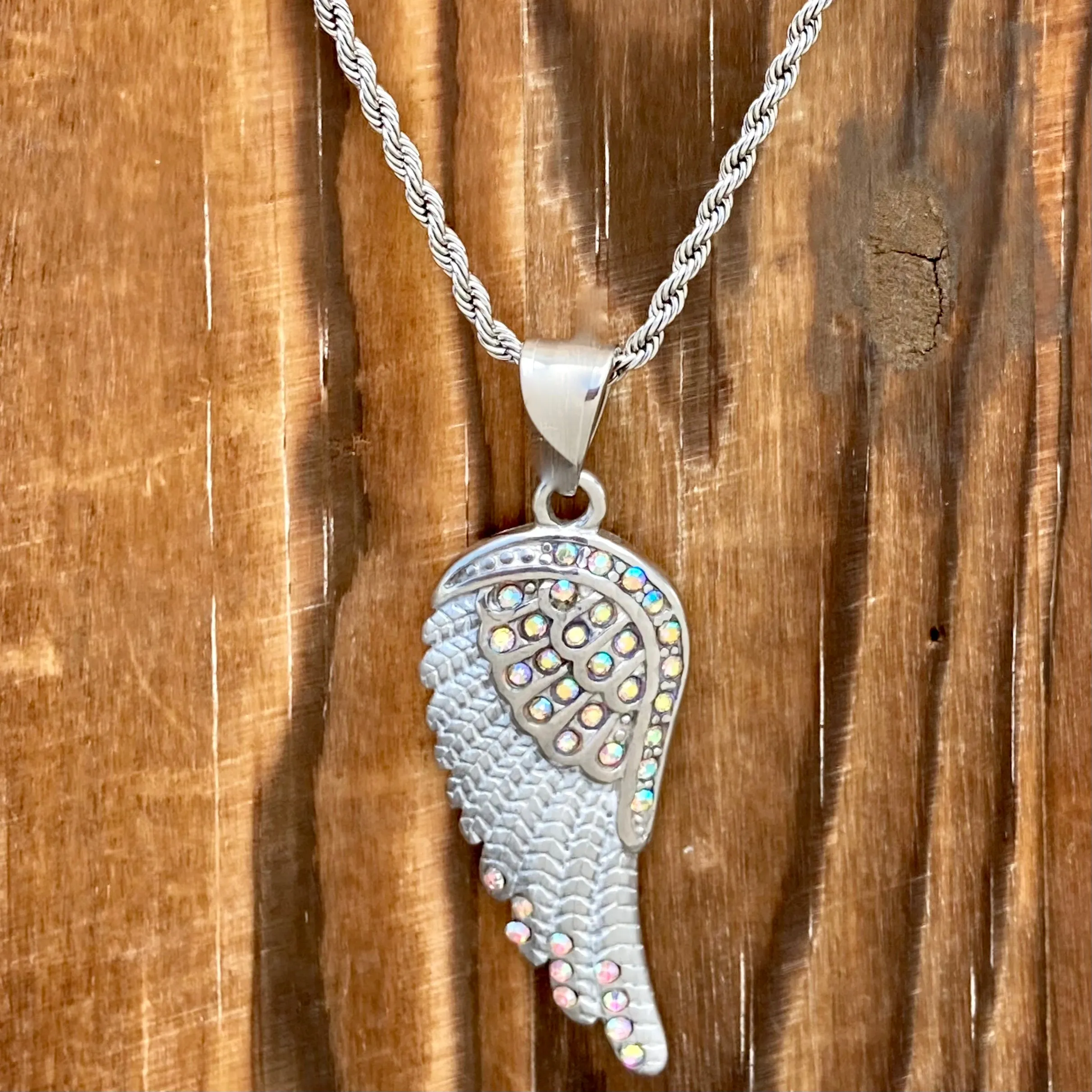 Angel Wings Crystal Pendant - Rope Necklace or Omega - Rainbow Stones - SK2254