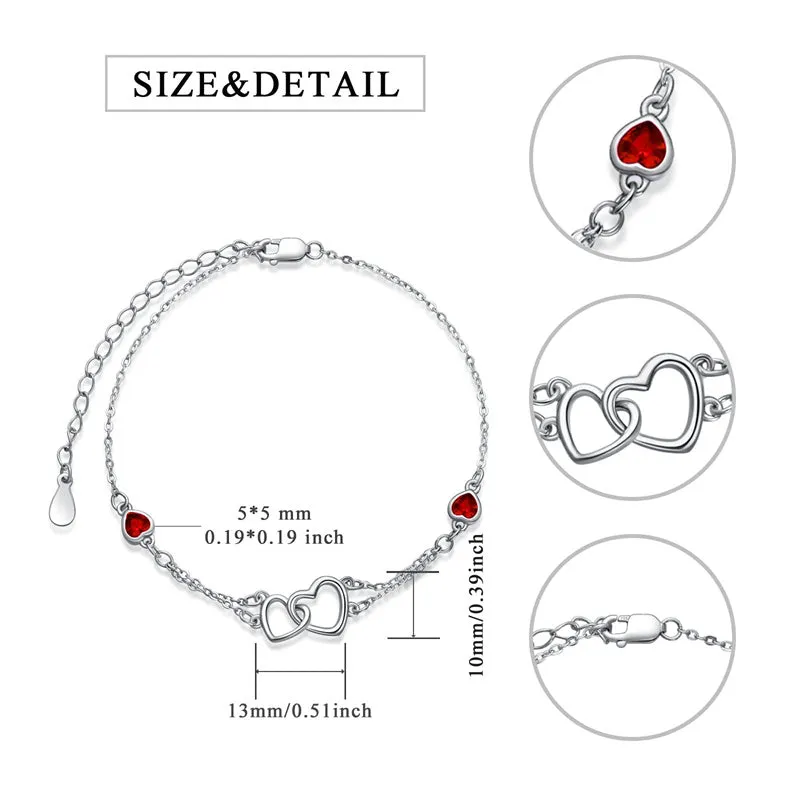 Anklet for Women  Sterling Silver Birthstone Jewelry Cubic Zirconia Double Heart Birthstone Anklet Chain Gift for Mom Wife Friend Bride Her Birthday