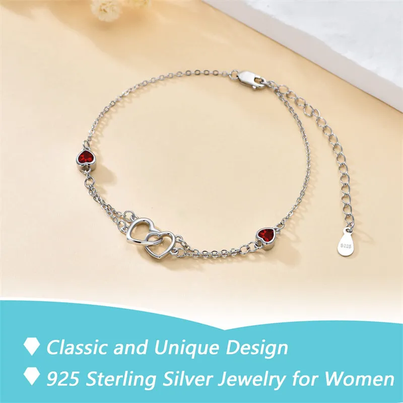 Anklet for Women  Sterling Silver Birthstone Jewelry Cubic Zirconia Double Heart Birthstone Anklet Chain Gift for Mom Wife Friend Bride Her Birthday