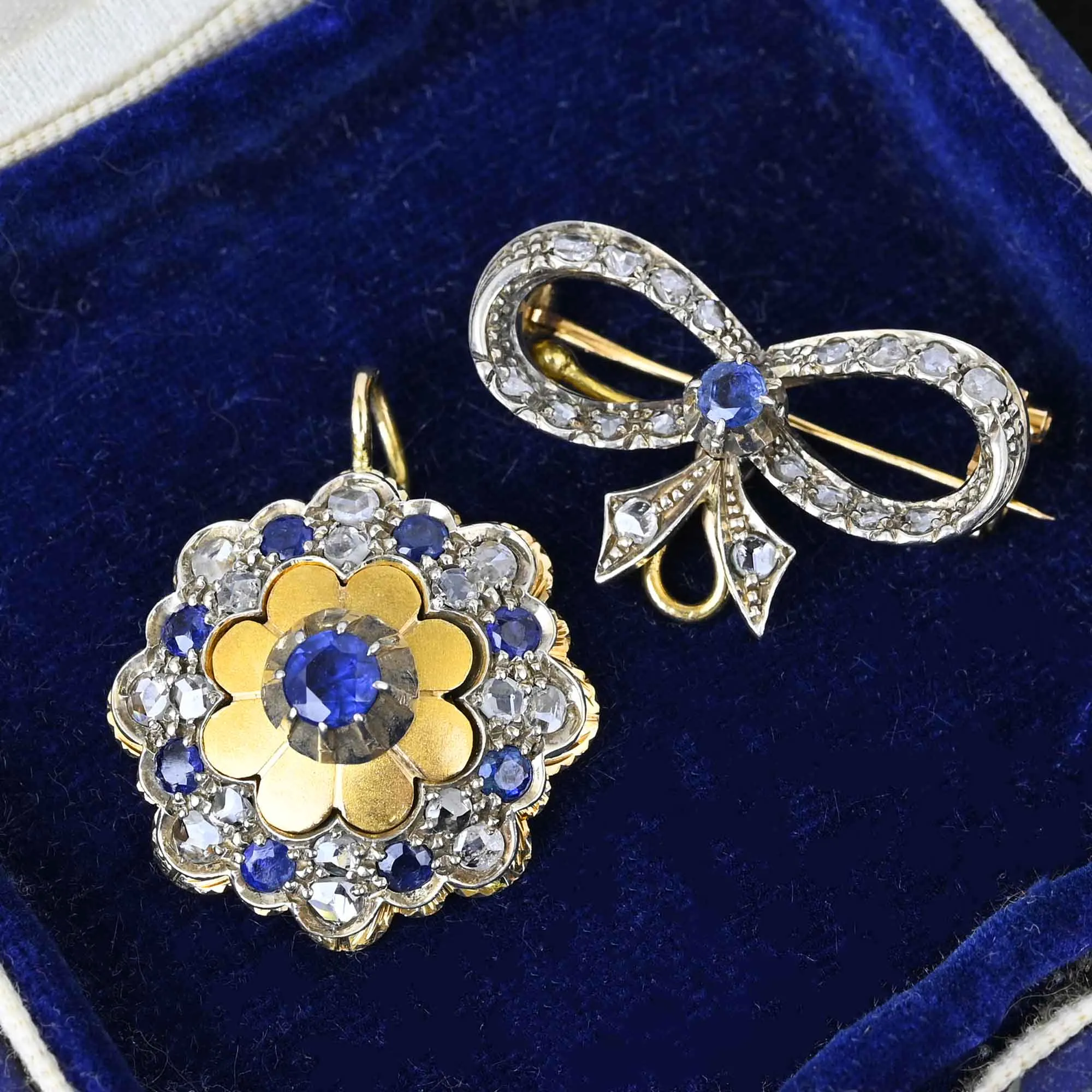 Antique 18K Gold Rose Cut Diamond Sapphire Brooch