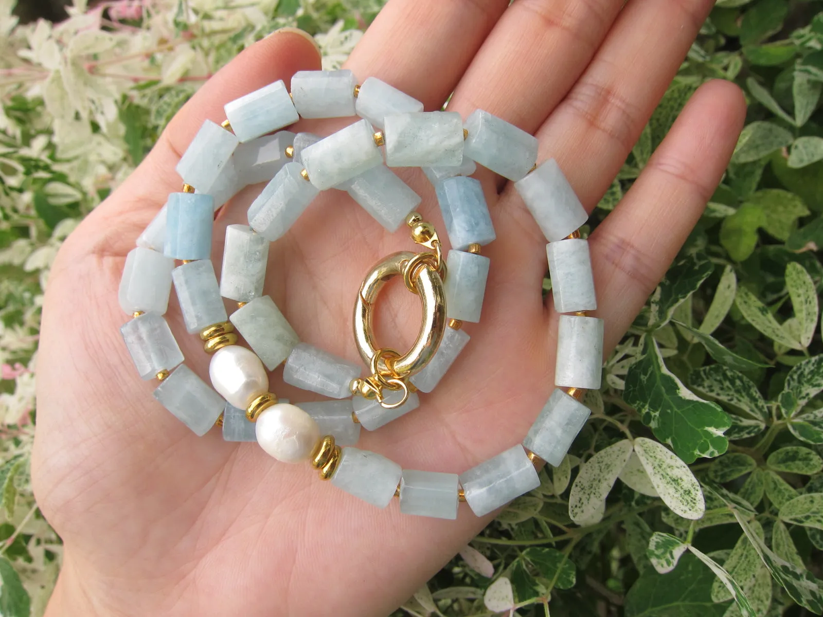 Aquamarine and Baroque Freshwater Pearl Statement Necklace