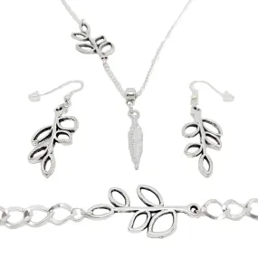 AVBeads Boho Jewelry Feather Olive Branch Charm Pendant Silver Plated Chain Bracelet Necklace Earrings Set