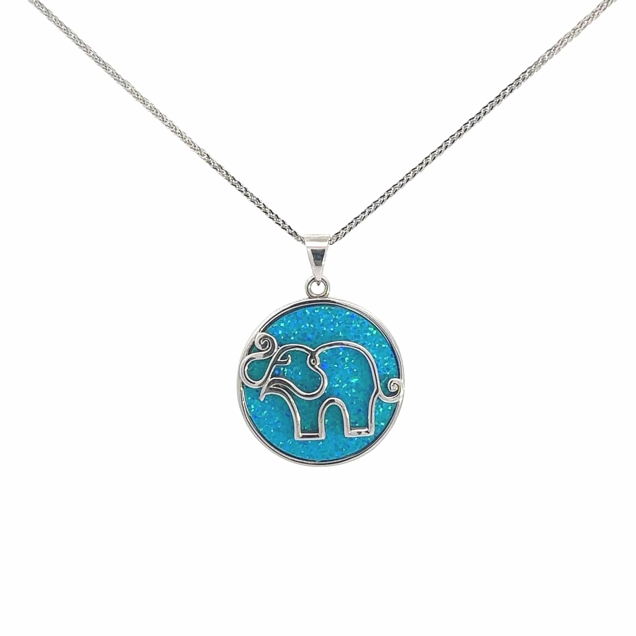 Baikalla Sterling Silver Lab-Made Opal Elephant Bezel Pendant Necklace