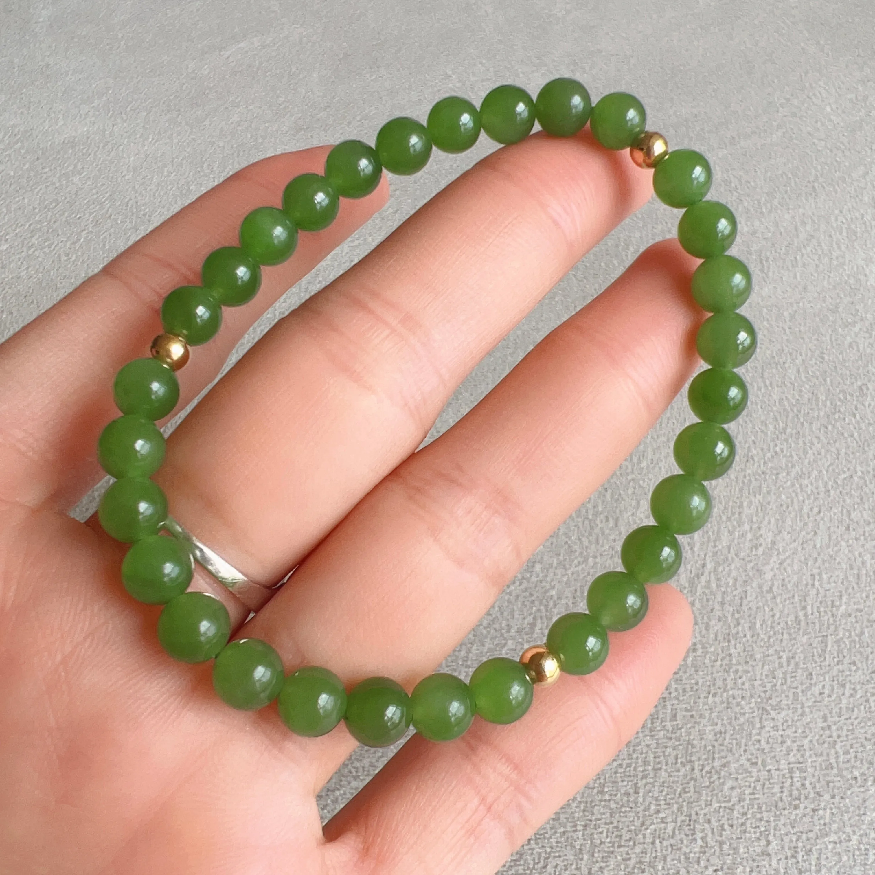 Best Color Green Nephrite Jade 6mm Bracelet with 18K Yellow Gold Beads | Natural Heart Chakra Healing Stone Jewelry