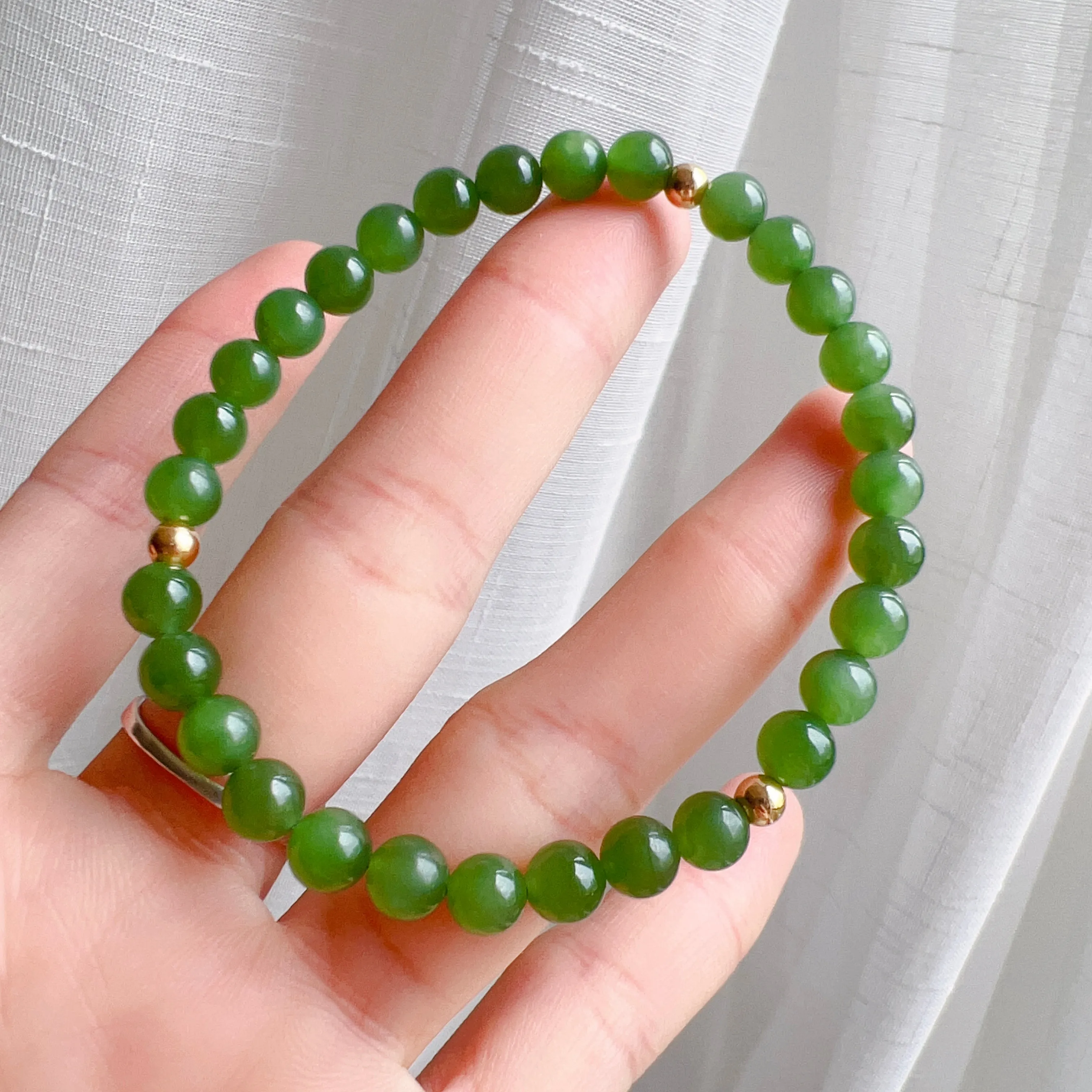 Best Color Green Nephrite Jade 6mm Bracelet with 18K Yellow Gold Beads | Natural Heart Chakra Healing Stone Jewelry