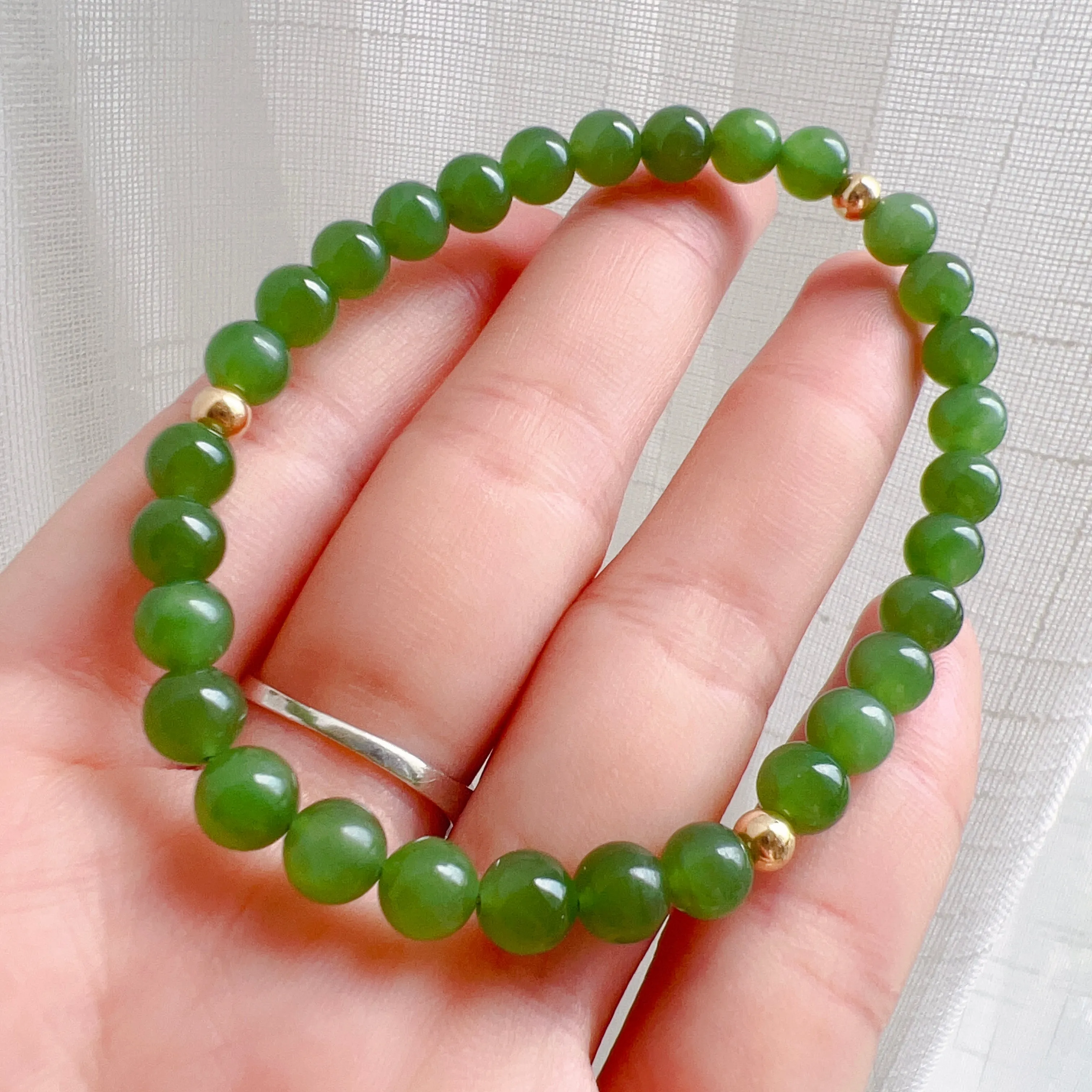 Best Color Green Nephrite Jade 6mm Bracelet with 18K Yellow Gold Beads | Natural Heart Chakra Healing Stone Jewelry