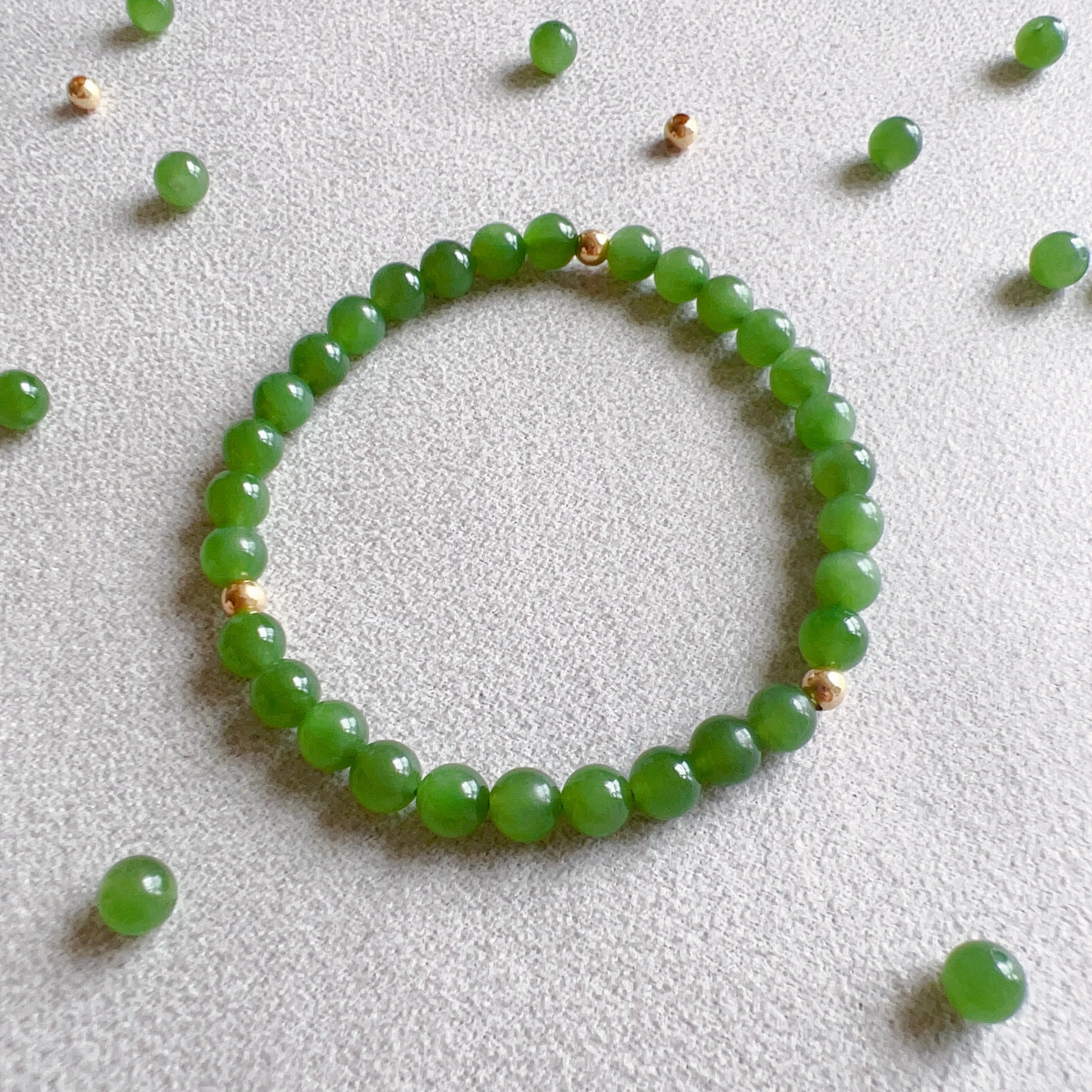 Best Color Green Nephrite Jade 6mm Bracelet with 18K Yellow Gold Beads | Natural Heart Chakra Healing Stone Jewelry