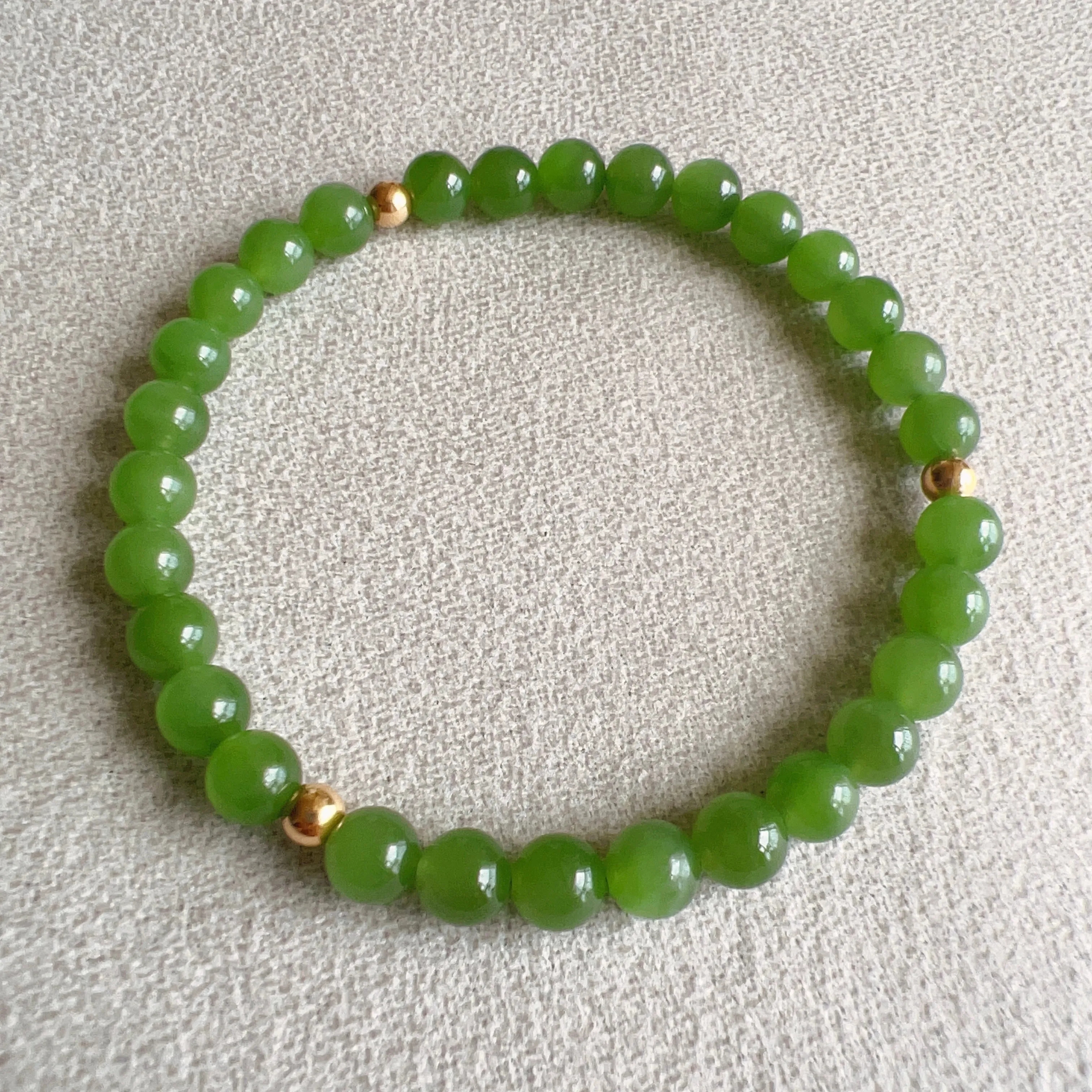 Best Color Green Nephrite Jade 6mm Bracelet with 18K Yellow Gold Beads | Natural Heart Chakra Healing Stone Jewelry