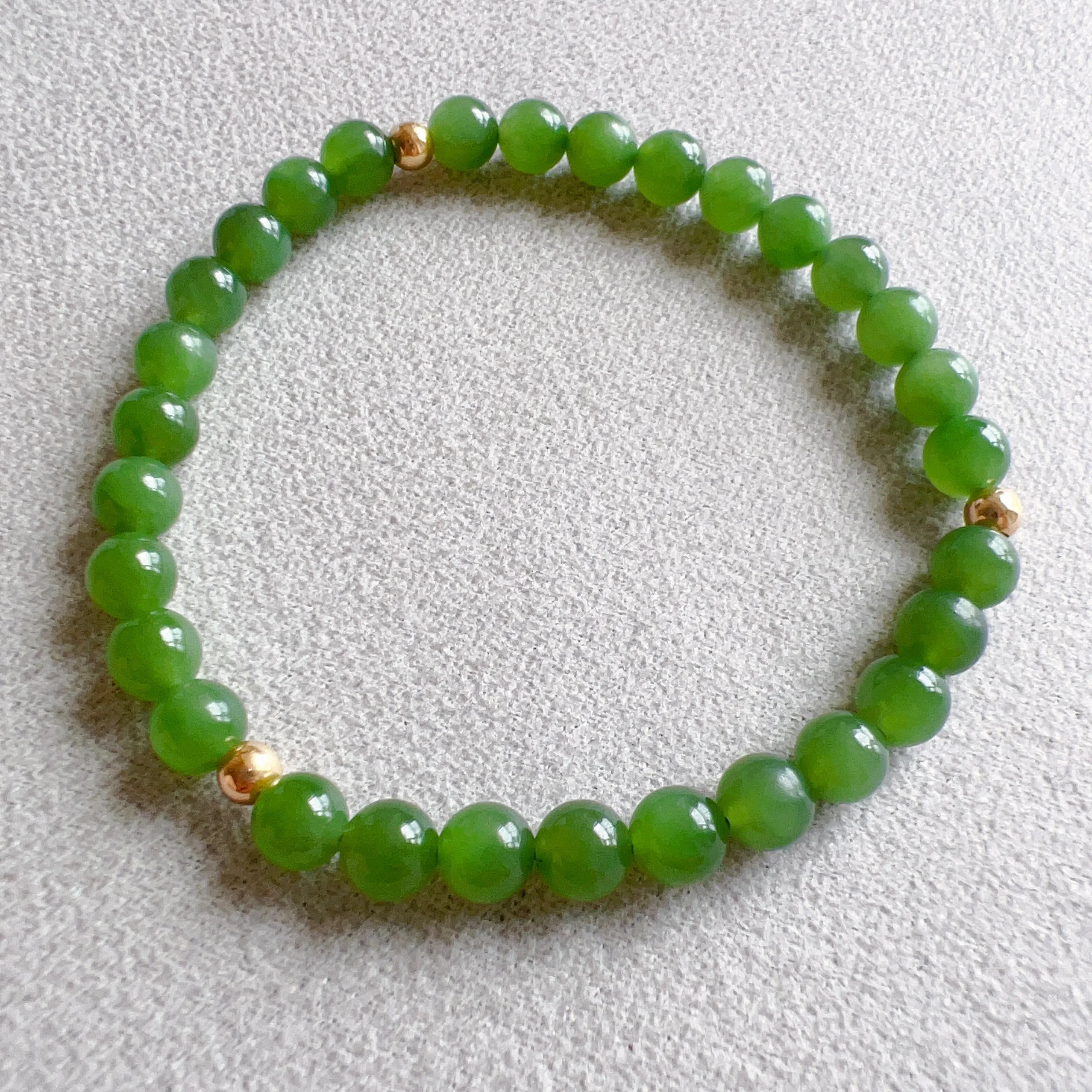 Best Color Green Nephrite Jade 6mm Bracelet with 18K Yellow Gold Beads | Natural Heart Chakra Healing Stone Jewelry