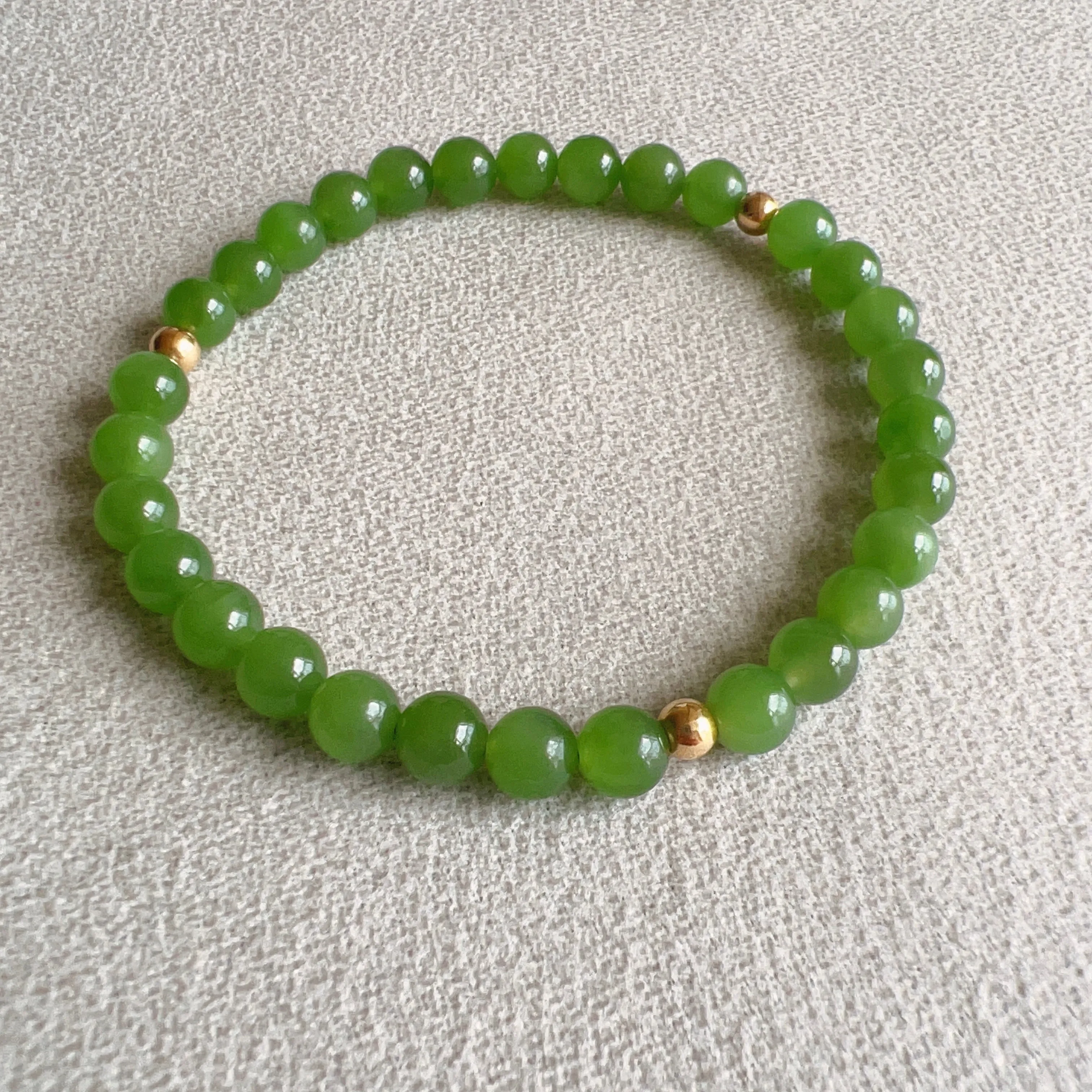 Best Color Green Nephrite Jade 6mm Bracelet with 18K Yellow Gold Beads | Natural Heart Chakra Healing Stone Jewelry