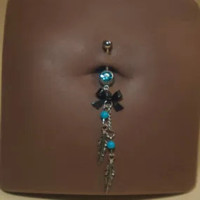 Blue Gems Bow Feather Navel Belly Button Rind Body Piercing Jewelry