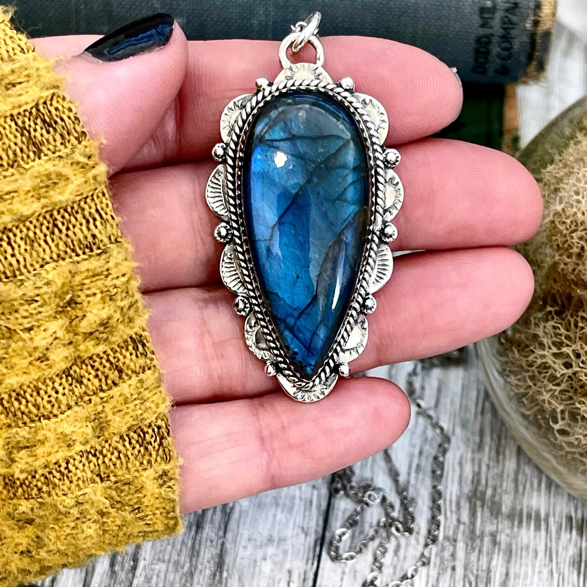 Blue Labradorite Crystal Teardrop Necklace in Sterling Silver  -Designed by FOXLARK Collection / Witchy Necklace Goth Jewelry