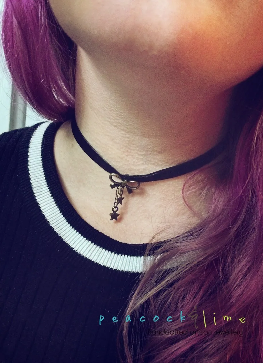 boho black velvet ribbon choker with bow and star charms