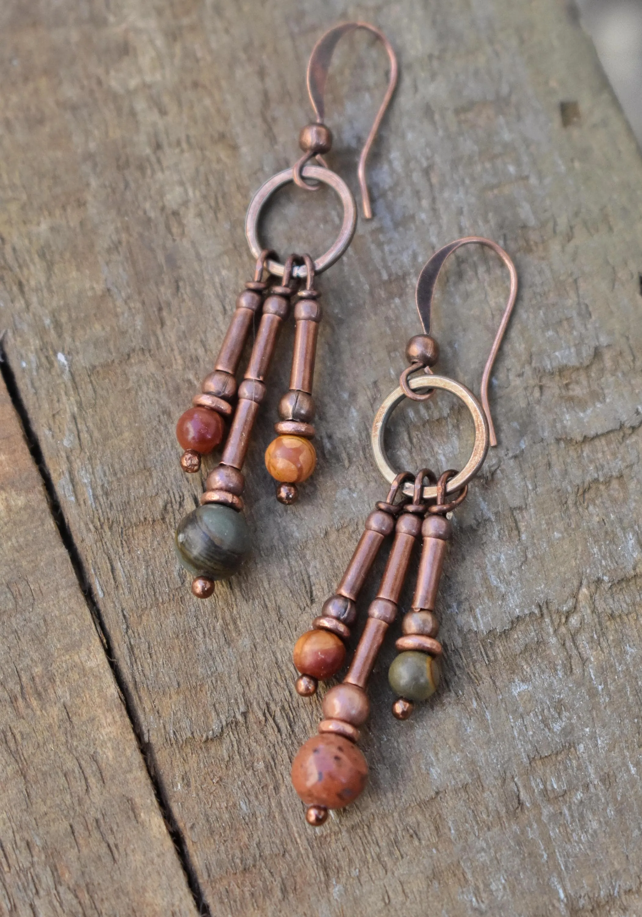 Boho dangle earrings, red creek jasper earring, small chandelier earrings, copper dangle earrings, copper jewelry, southwestern jewelry