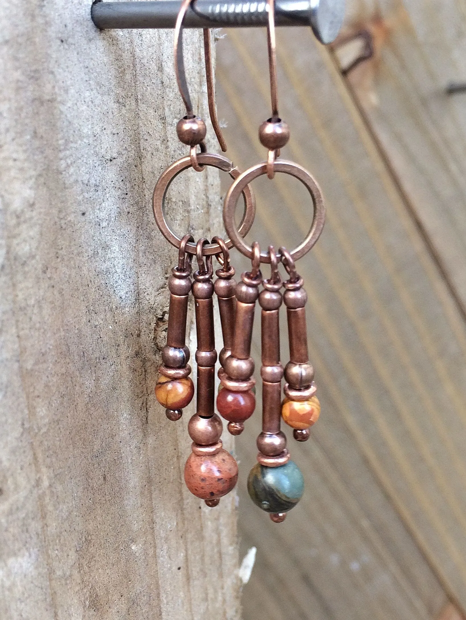 Boho dangle earrings, red creek jasper earring, small chandelier earrings, copper dangle earrings, copper jewelry, southwestern jewelry