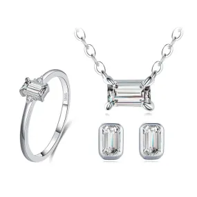 Classic Emerald Cut Cubic Zirconia 925 Sterling Silver Necklace, Earrings & Ring Wedding Jewelry Set