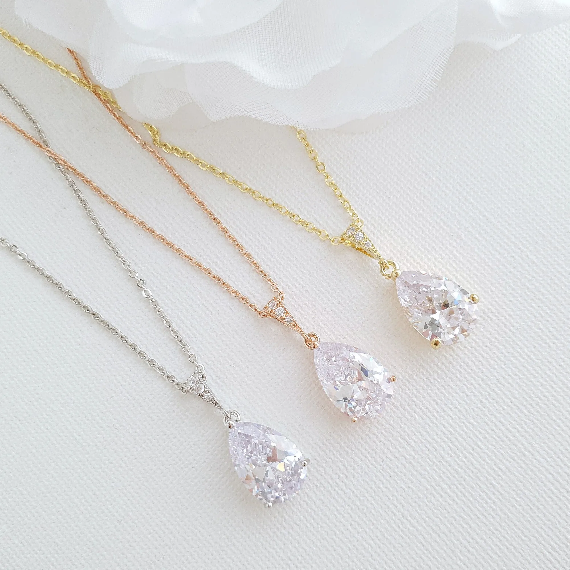 Clear Cubic Zirconia Teardrop Necklace-Clara