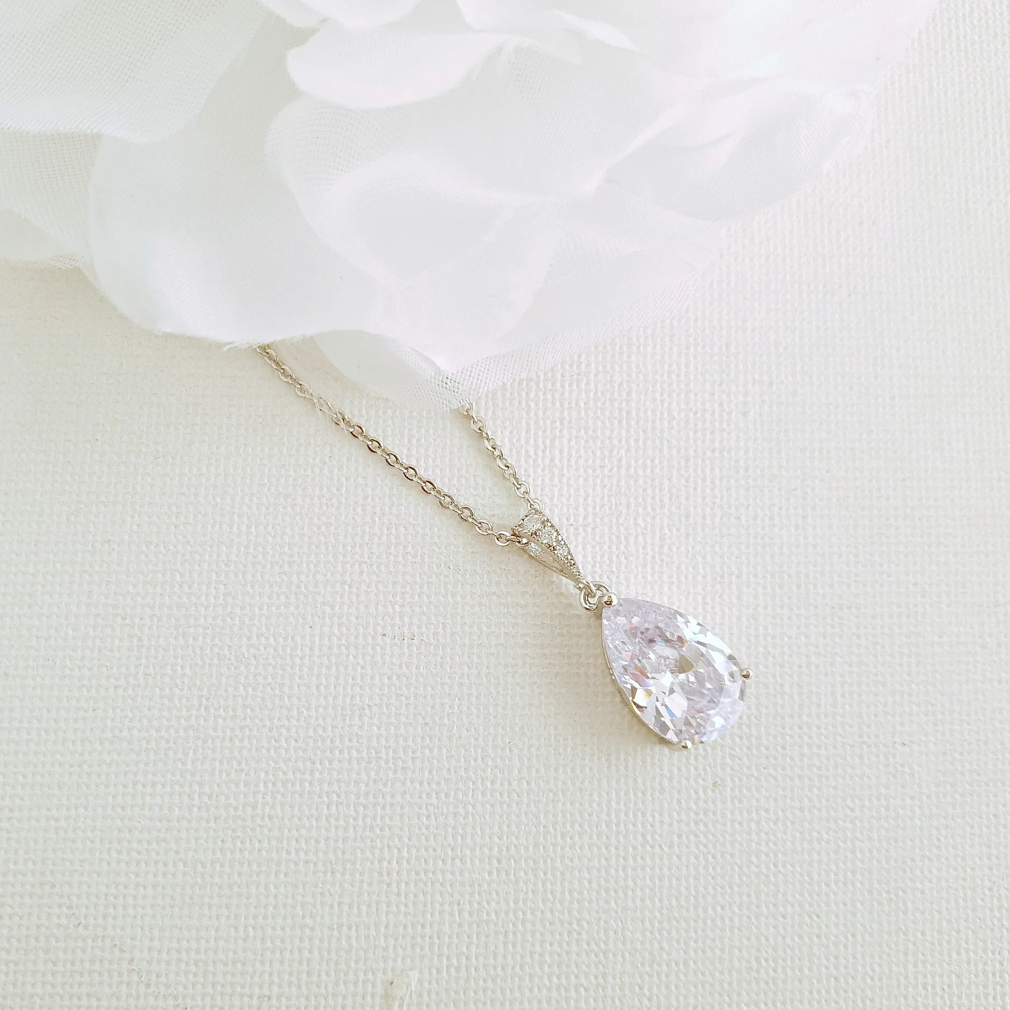 Clear Cubic Zirconia Teardrop Necklace-Clara