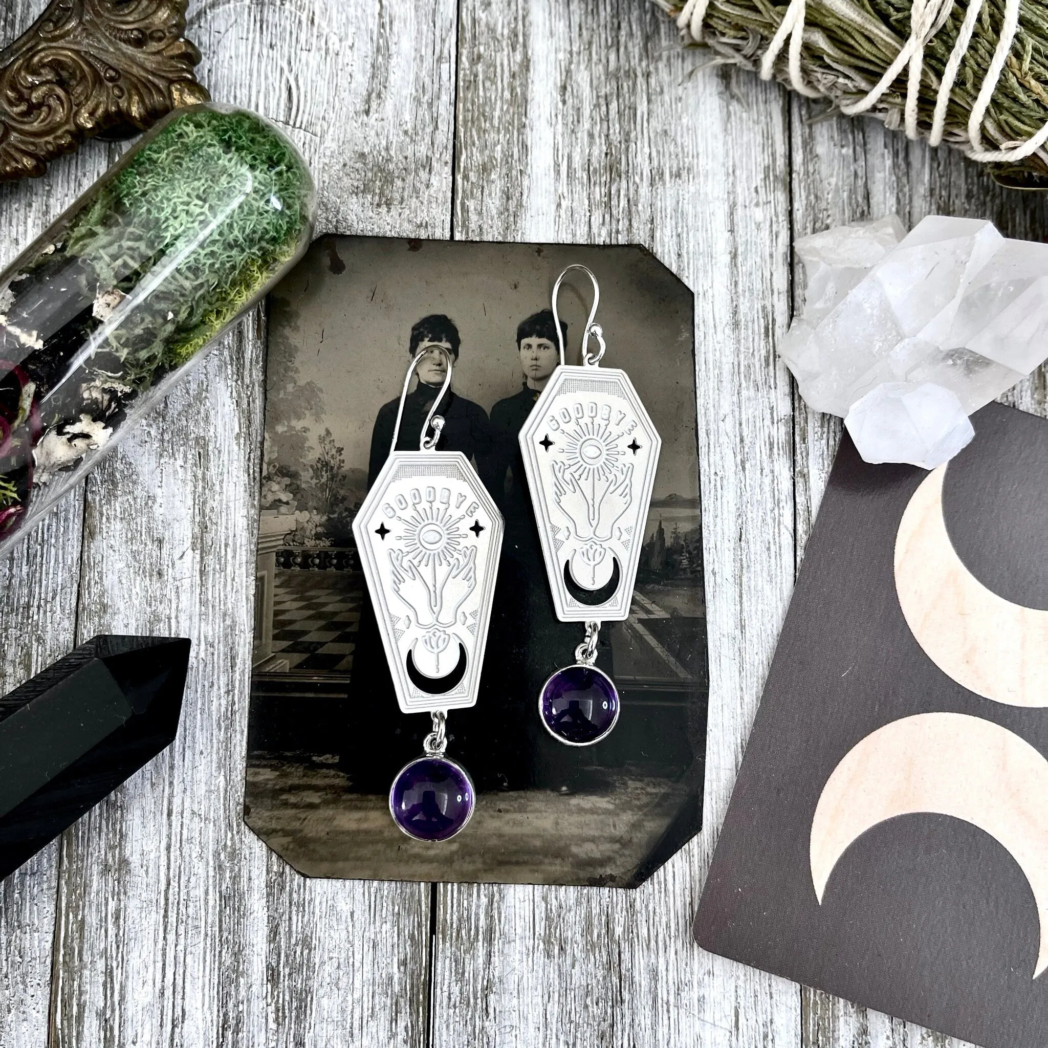 Coffin Planchette Amethyst Earrings Sterling Silver & Stainless Steel Earrings /