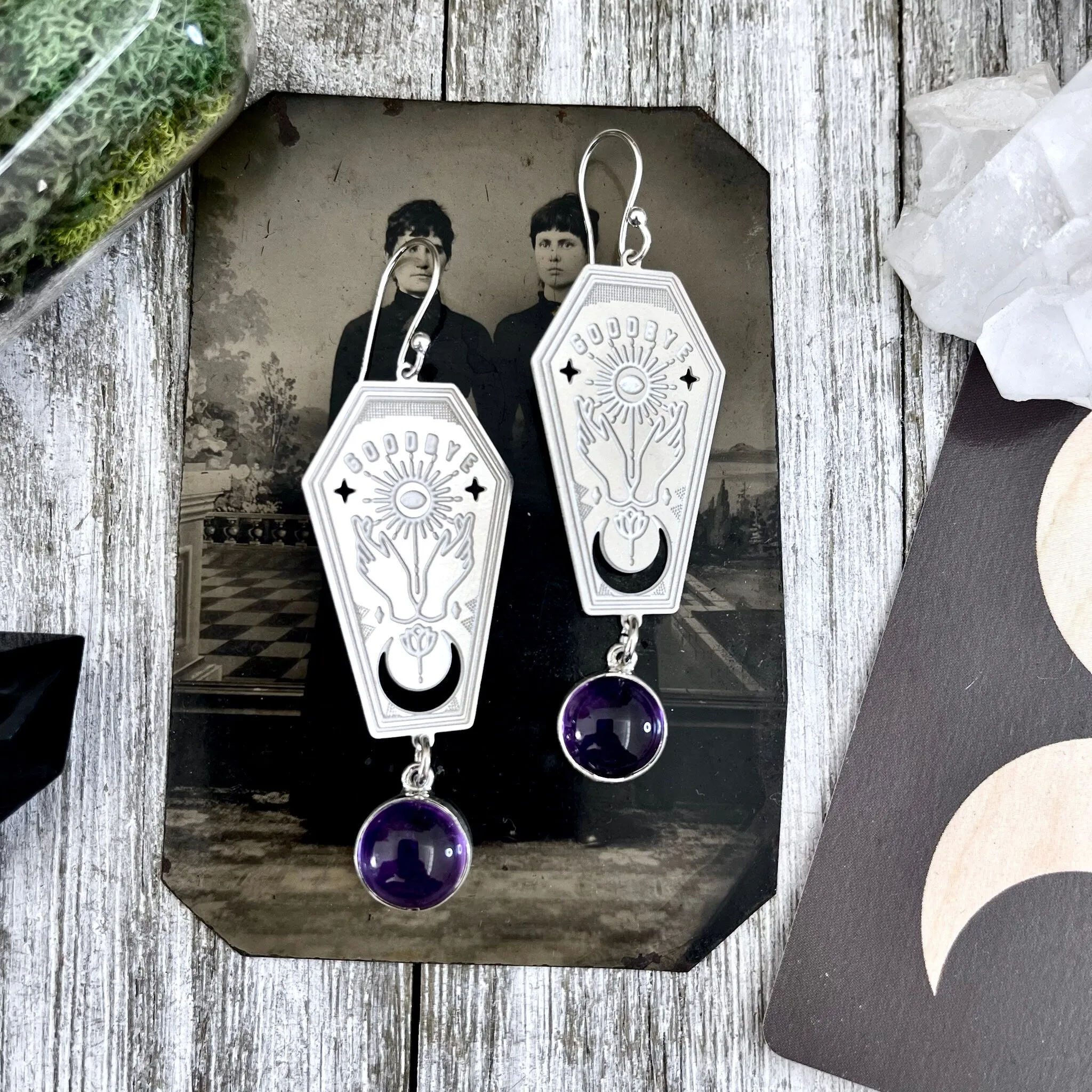 Coffin Planchette Amethyst Earrings Sterling Silver & Stainless Steel Earrings /