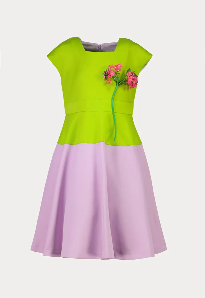 Color Block Flower Adornment Midi Dress