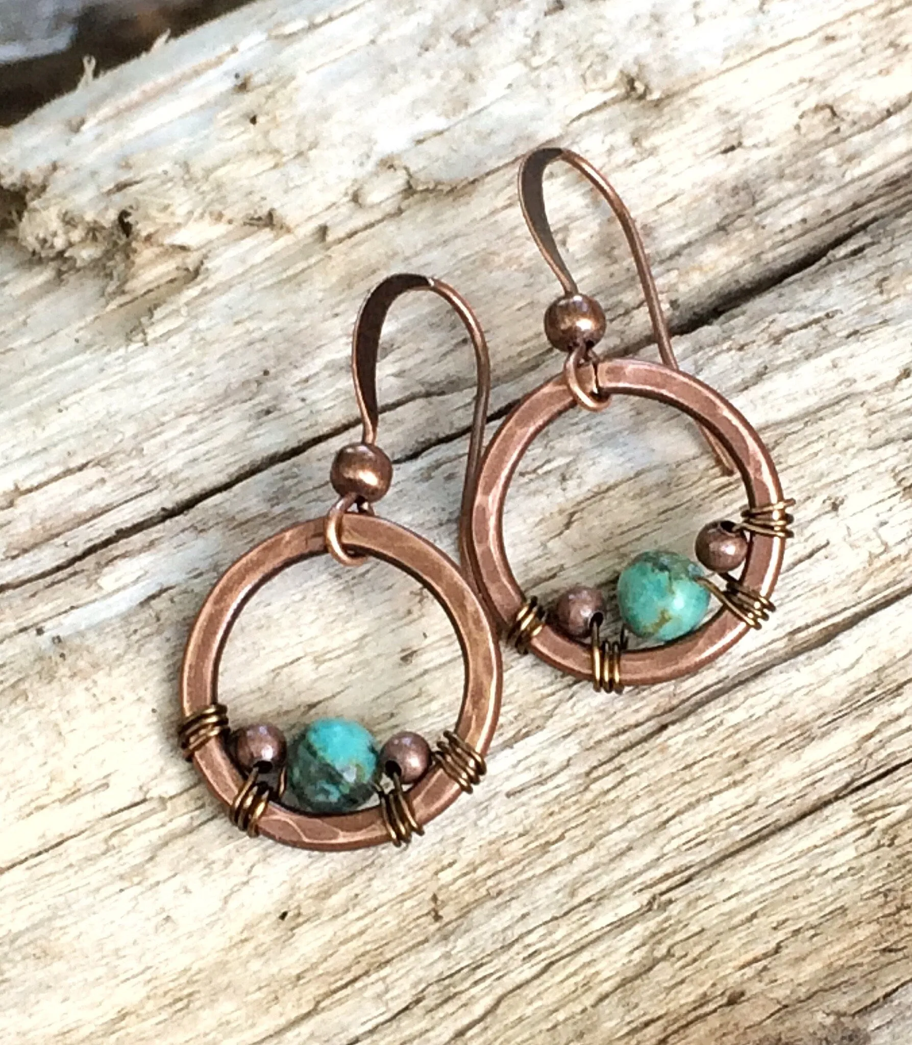 Copper & Turquoise Earrings, Small Turquoise Earrings, Copper Hoop Earrings, Hammered Copper Jewelry